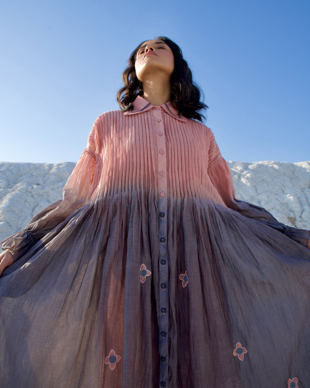 Grey silk Dress by The Loom Art with Aurora by The Loom Art, Casual Wear, Chanderi Silk, Grey, July Sale, July Sale 2023, Loose Fit, Maxi Dresses, Ombre & Dyes, Organic, Shirt Dresses, Womenswear at Kamakhyaa for sustainable fashion