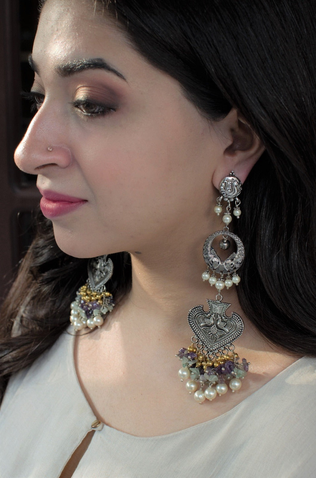 Multicolor Long Earring Savera by House Of Heer with Alloy Metal, Festive Jewellery, Festive Wear, Free Size, jewelry, July Sale, July Sale 2023, Long Earrings, Multicolor, Natural, Pearl, Solids, Textured at Kamakhyaa for sustainable fashion