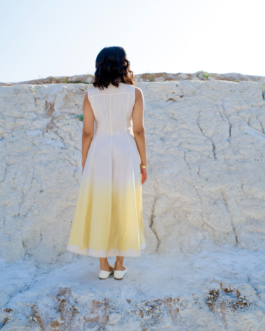 White Yellow Midi Dress by The Loom Art with Aurora by The Loom Art, Casual Wear, Chanderi Silk, July Sale, July Sale 2023, Midi Dresses, Ombre & Dyes, Organic, Regular Fit, Sleeveless Dresses, White, Womenswear at Kamakhyaa for sustainable fashion