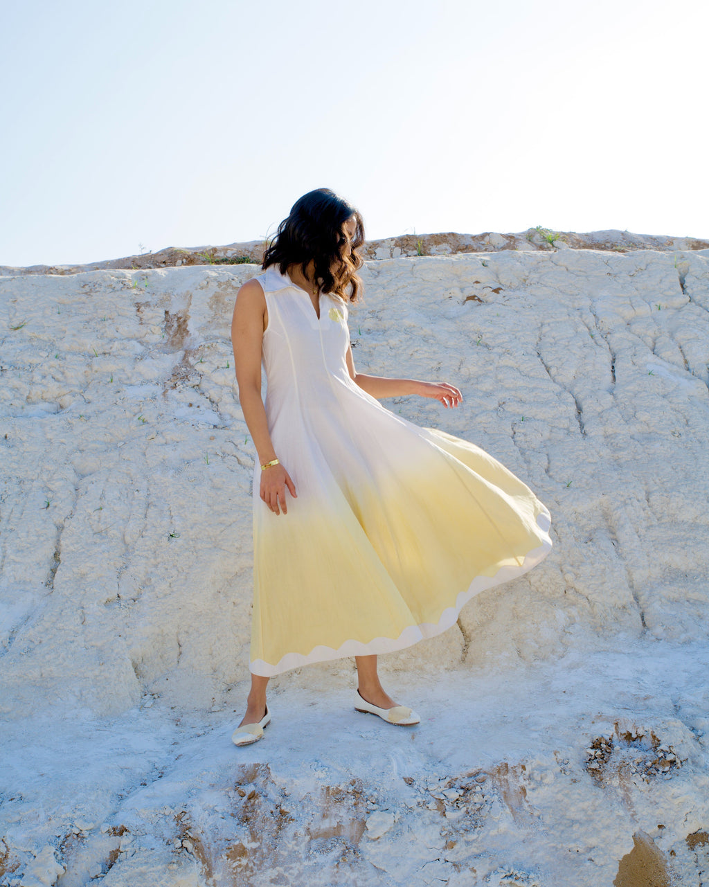 White Yellow Midi Dress by The Loom Art with Aurora by The Loom Art, Casual Wear, Chanderi Silk, July Sale, July Sale 2023, Midi Dresses, Ombre & Dyes, Organic, Regular Fit, Sleeveless Dresses, White, Womenswear at Kamakhyaa for sustainable fashion