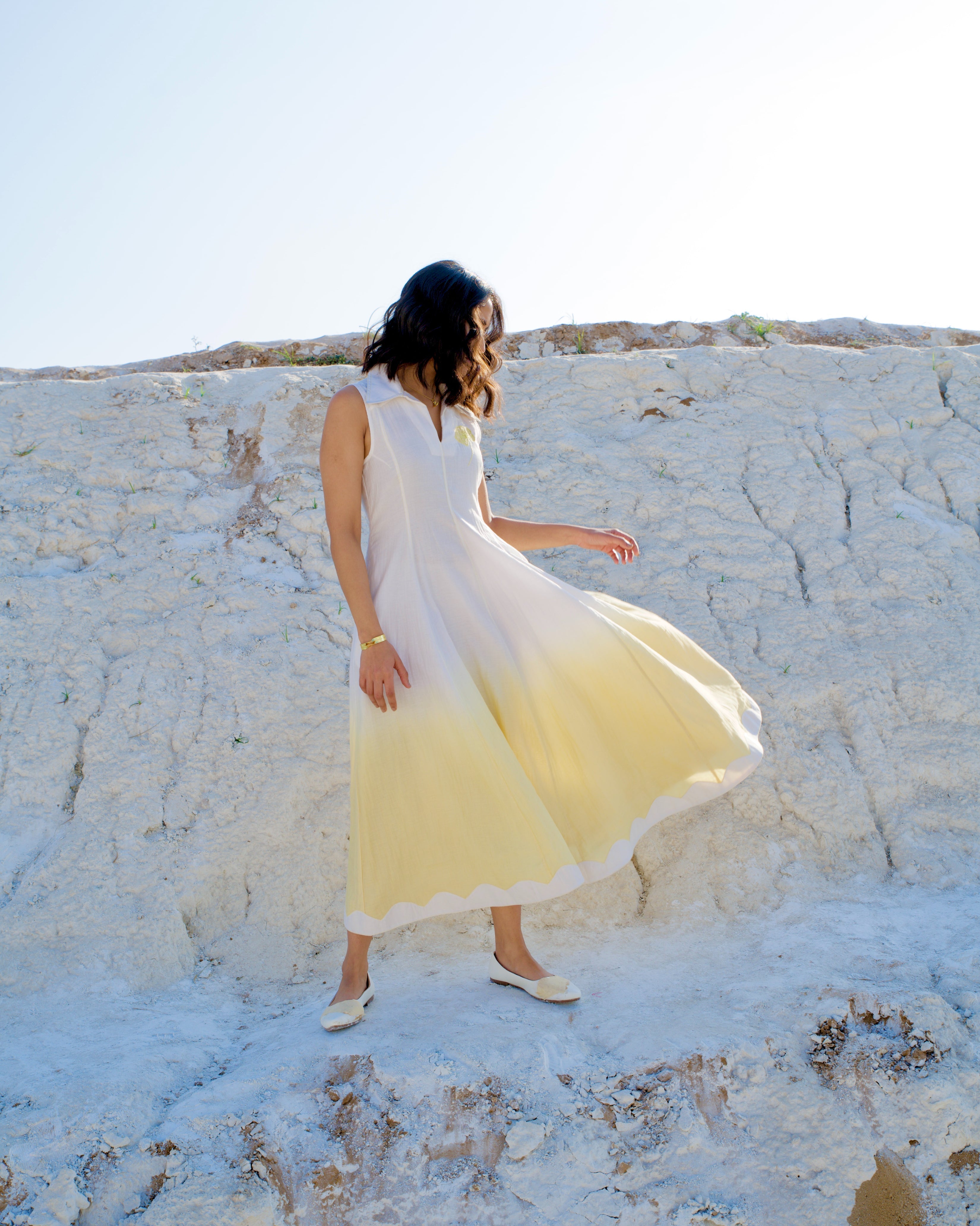 White Yellow Midi Dress by The Loom Art with Aurora by The Loom Art, Casual Wear, Chanderi Silk, July Sale, July Sale 2023, Midi Dresses, Ombre & Dyes, Organic, Regular Fit, Sleeveless Dresses, White, Womenswear at Kamakhyaa for sustainable fashion