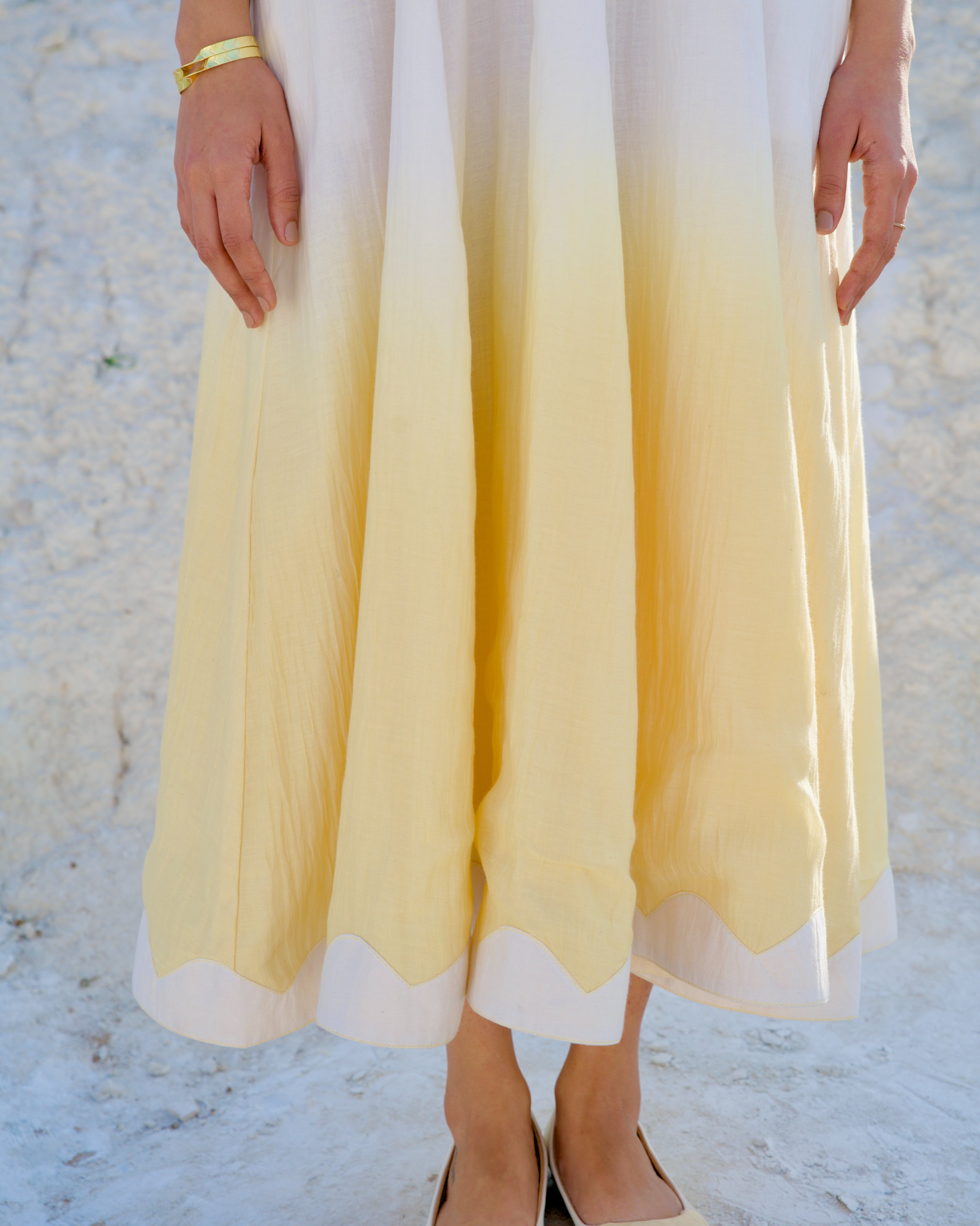 White Yellow Midi Dress by The Loom Art with Aurora by The Loom Art, Casual Wear, Chanderi Silk, July Sale, July Sale 2023, Midi Dresses, Ombre & Dyes, Organic, Regular Fit, Sleeveless Dresses, White, Womenswear at Kamakhyaa for sustainable fashion