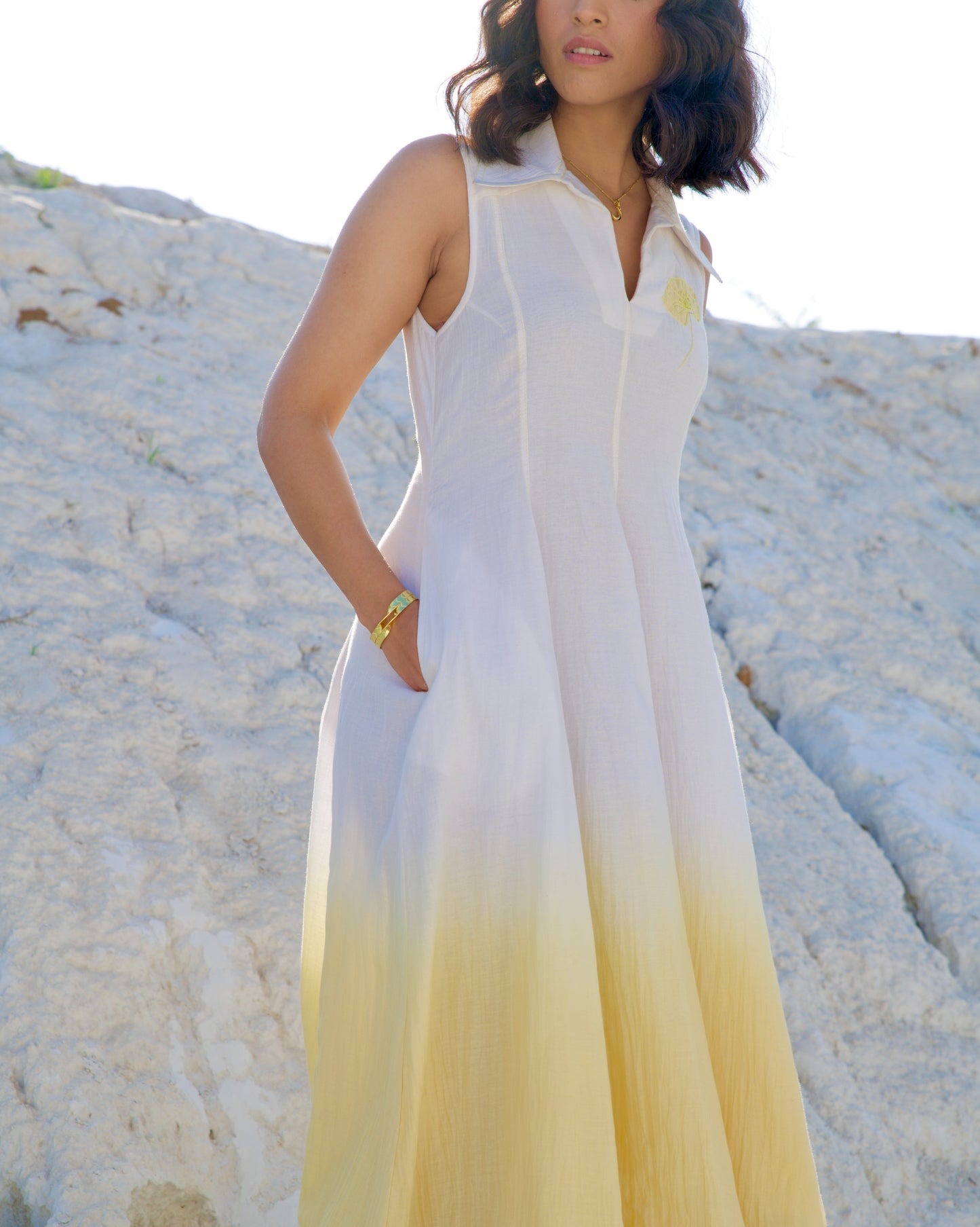 White Yellow Midi Dress by The Loom Art with Aurora by The Loom Art, Casual Wear, Chanderi Silk, July Sale, July Sale 2023, Midi Dresses, Ombre & Dyes, Organic, Regular Fit, Sleeveless Dresses, White, Womenswear at Kamakhyaa for sustainable fashion