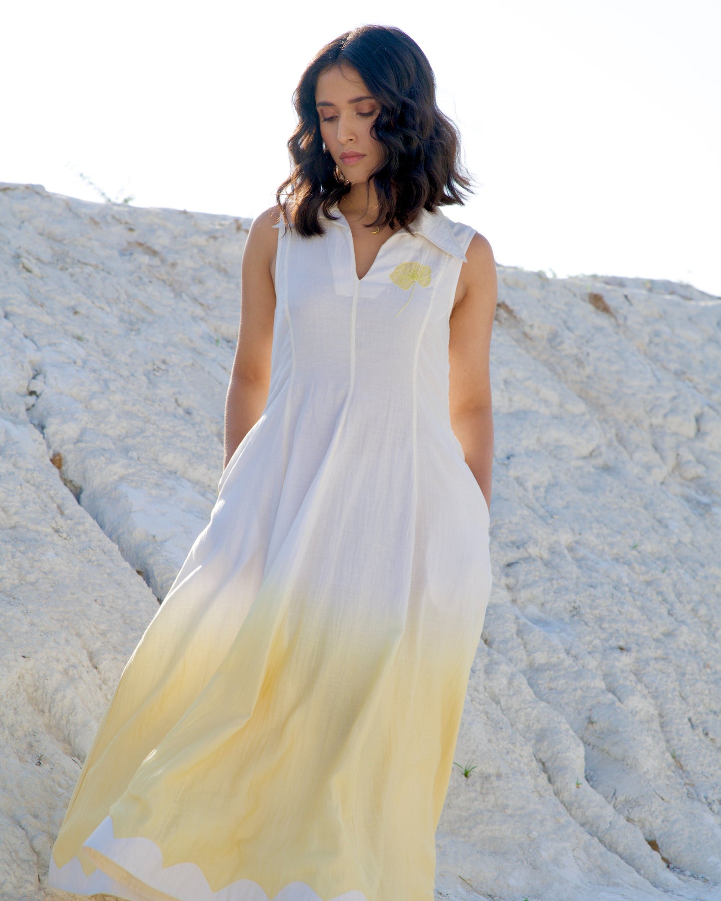 White Yellow Midi Dress by The Loom Art with Aurora by The Loom Art, Casual Wear, Chanderi Silk, July Sale, July Sale 2023, Midi Dresses, Ombre & Dyes, Organic, Regular Fit, Sleeveless Dresses, White, Womenswear at Kamakhyaa for sustainable fashion