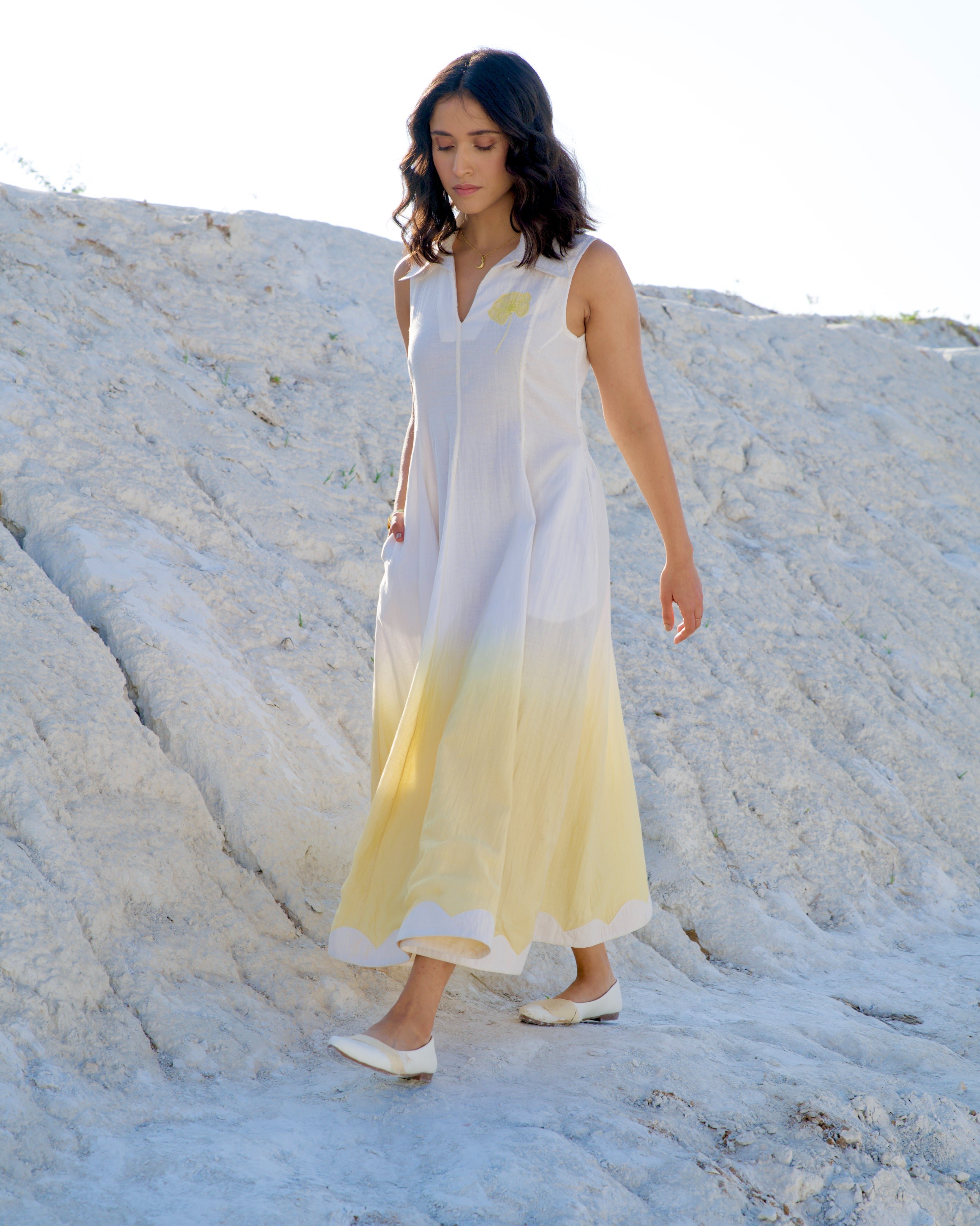 White Yellow Midi Dress by The Loom Art with Aurora by The Loom Art, Casual Wear, Chanderi Silk, July Sale, July Sale 2023, Midi Dresses, Ombre & Dyes, Organic, Regular Fit, Sleeveless Dresses, White, Womenswear at Kamakhyaa for sustainable fashion