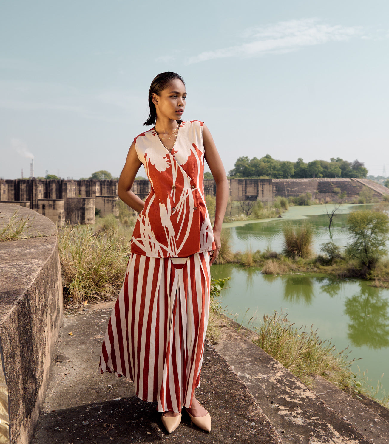 Red Sleeveless Top With Striped Pant Co-ord Set by Khara Kapas with Birdsong, Birdsong by Khara Kapas, Casual Wear, comfort fashion, Complete Sets, cotton, handcrafted, handmade, kharakapas, pure cotton, Red, Stripes, Womenswear at Kamakhyaa for sustainable fashion