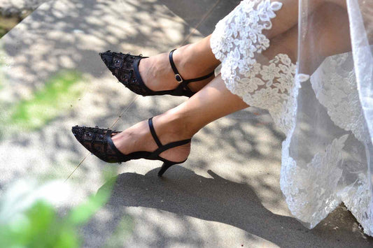 Heels-Noir Vintage by Sole Stories with Ankle Loop, Black, bridal, Casual Wear, Closed Toes, Embellished, Faux Leather, Festive Wear, For Bachelorette, Heels, Natural, Upcycled, Vegan, Wedding Gifts at Kamakhyaa for sustainable fashion