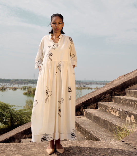 Off White Mulmul Dress With Manderine Collar by Khara Kapas with Birdsong, Birdsong by Khara Kapas, Casual Wear, Dresses, kharakapas, Maxi Dresses, Mulmul cotton, Natural, Off-white, Regular Fit, Womenswear at Kamakhyaa for sustainable fashion