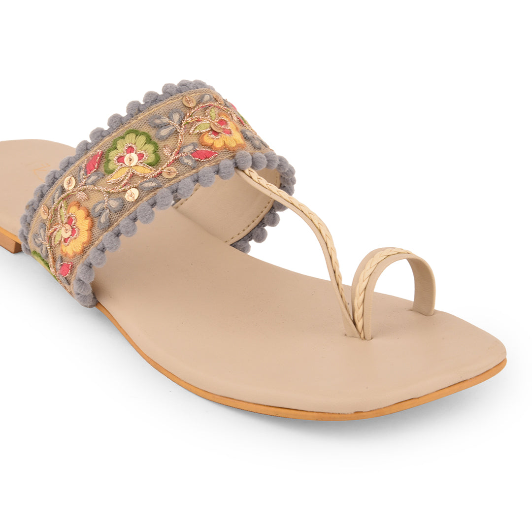 Multicolor Embroidered Flat Open Toes by EK_agga with Beige, Flats, Less than $50, Party Wear, Patent leather, Regular Fit, Solids, Toe Loop, Vegan at Kamakhyaa for sustainable fashion