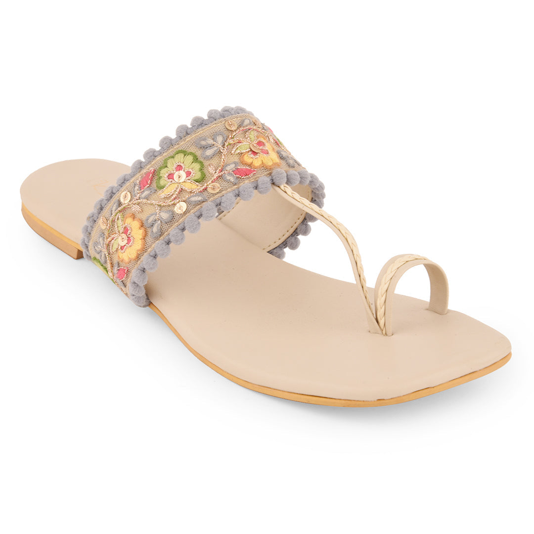 Multicolor Embroidered Flat Open Toes by EK_agga with Beige, Flats, Less than $50, Party Wear, Patent leather, Regular Fit, Solids, Toe Loop, Vegan at Kamakhyaa for sustainable fashion