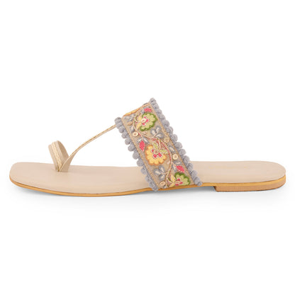 Multicolor Embroidered Flat Open Toes by EK_agga with Beige, Flats, Less than $50, Party Wear, Patent leather, Regular Fit, Solids, Toe Loop, Vegan at Kamakhyaa for sustainable fashion