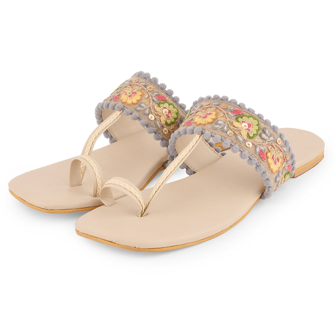 Multicolor Embroidered Flat Open Toes by EK_agga with Beige, Flats, Less than $50, Party Wear, Patent leather, Regular Fit, Solids, Toe Loop, Vegan at Kamakhyaa for sustainable fashion