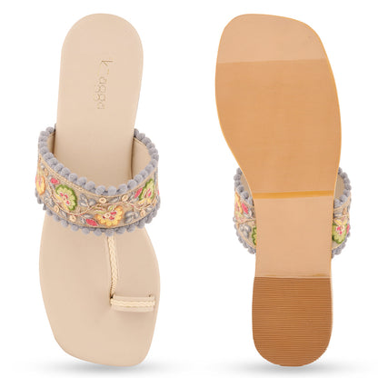 Multicolor Embroidered Flat Open Toes by EK_agga with Beige, Flats, Less than $50, Party Wear, Patent leather, Regular Fit, Solids, Toe Loop, Vegan at Kamakhyaa for sustainable fashion