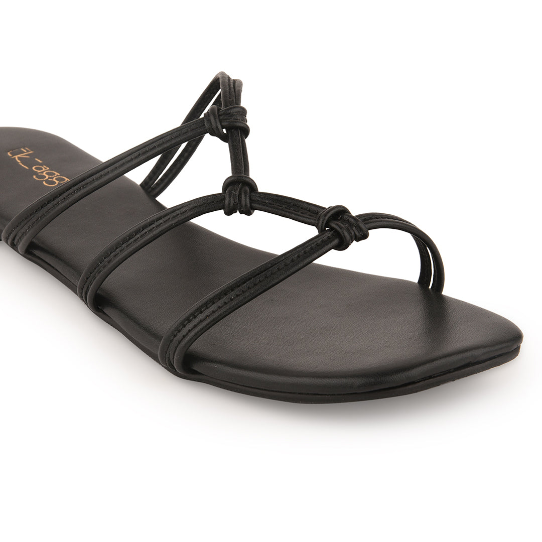 Black Flats with Straps by EK_agga with Black, Casual Wear, Flats, Less than $50, Open Toes, Party Wear, Patent leather, Solids, Vegan at Kamakhyaa for sustainable fashion