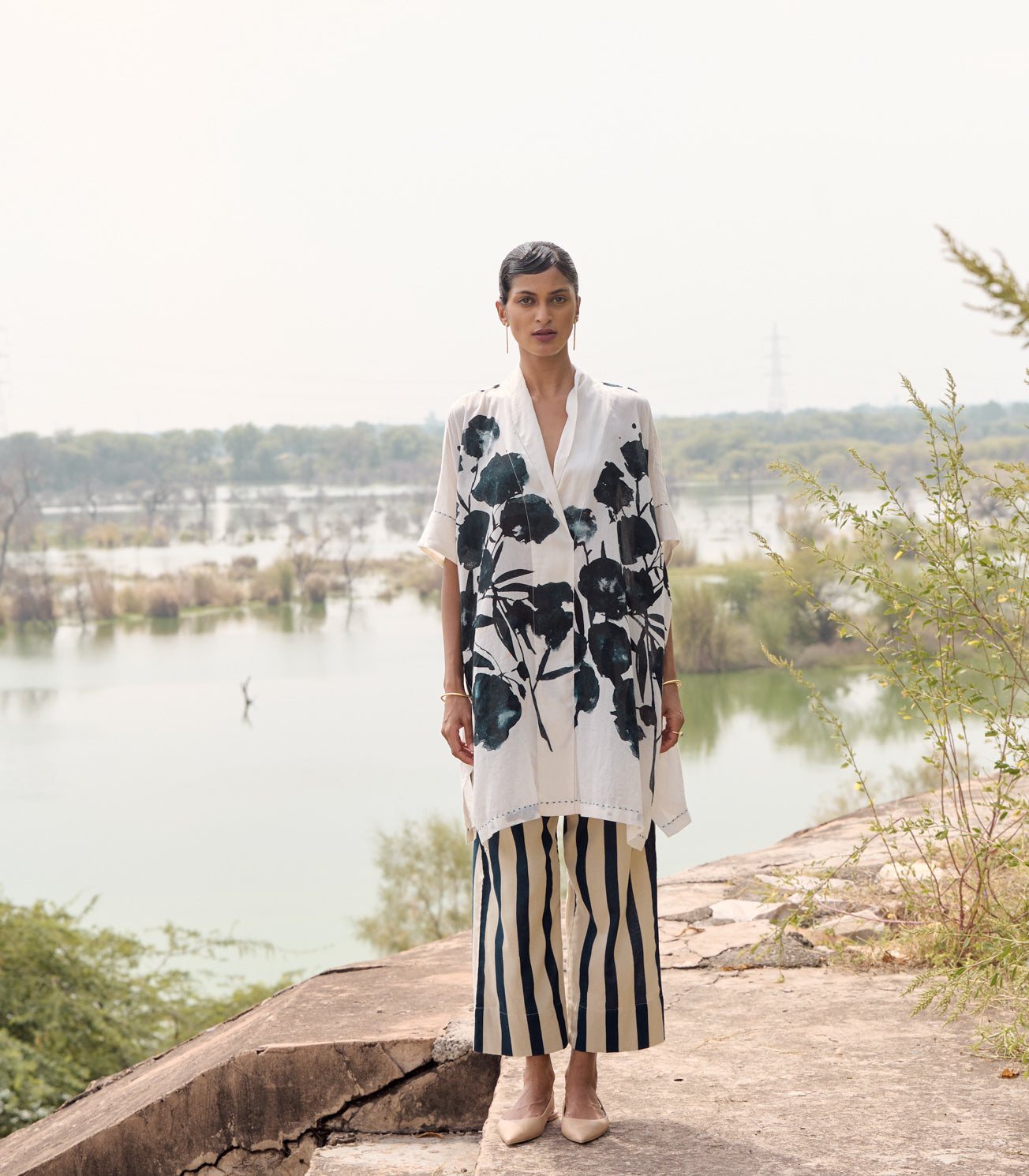 Floral Printed Cotton Tunic With Stripped Pant Co-ord Set by Khara Kapas with Birdsong, Birdsong by Khara Kapas, Casual Wear, comfort fashion, cotton, Floral, handcrafted, handmade, kharakapas, Prints, pure cotton, White, Womenswear at Kamakhyaa for sustainable fashion