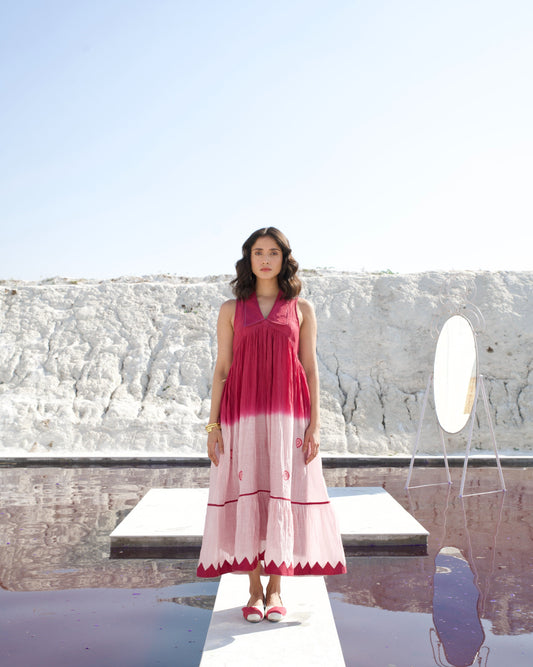 Pink Casual Midi Dress by The Loom Art with Aurora by The Loom Art, Casual Wear, Chanderi Silk, July Sale, July Sale 2023, Midi Dresses, Ombre & Dyes, Organic, Pink, Regular Fit, Sleeveless Dresses, Womenswear at Kamakhyaa for sustainable fashion