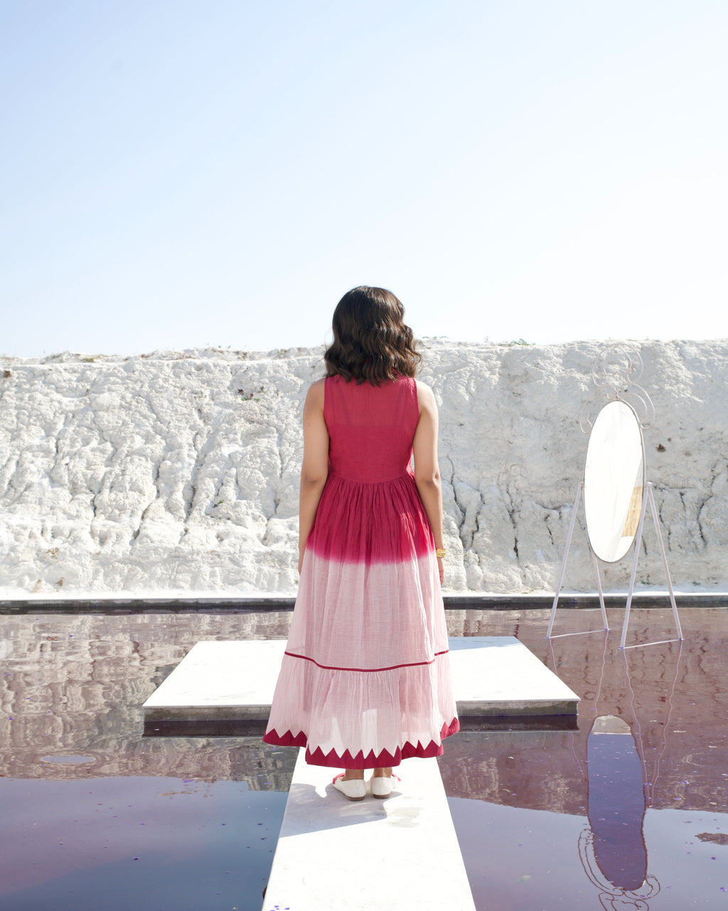 Pink Casual Midi Dress by The Loom Art with Aurora by The Loom Art, Casual Wear, Chanderi Silk, July Sale, July Sale 2023, Midi Dresses, Ombre & Dyes, Organic, Pink, Regular Fit, Sleeveless Dresses, Womenswear at Kamakhyaa for sustainable fashion