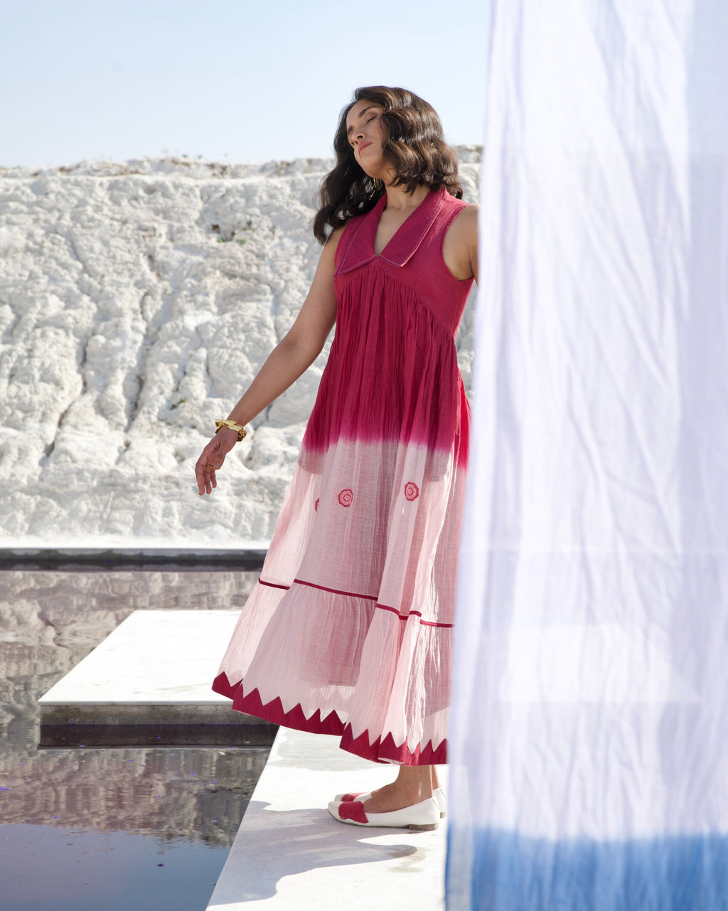 Pink Casual Midi Dress by The Loom Art with Aurora by The Loom Art, Casual Wear, Chanderi Silk, July Sale, July Sale 2023, Midi Dresses, Ombre & Dyes, Organic, Pink, Regular Fit, Sleeveless Dresses, Womenswear at Kamakhyaa for sustainable fashion