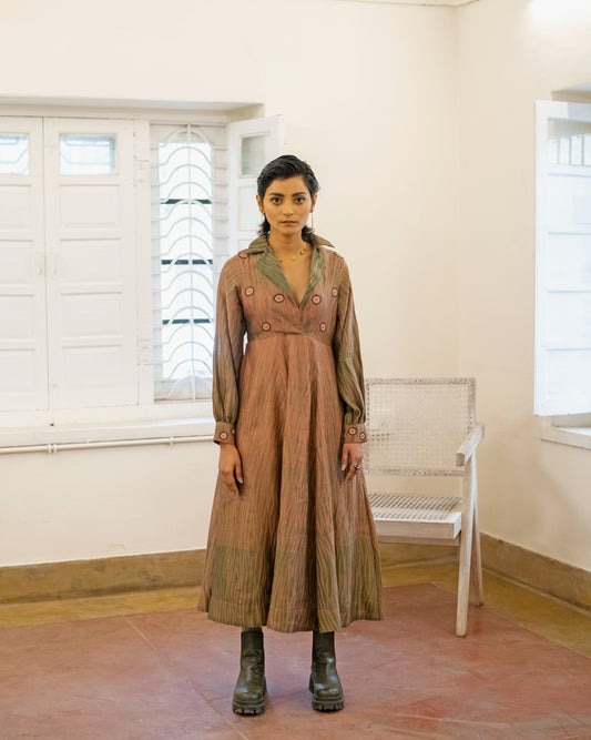 Peach & Pine by The Loom Art with Brown, Casual Wear, Fall, Handwoven Chanderi Silk, July Sale, July Sale 2023, Lucid Dreams by The Loom Art, Luicid Dream, Organic, Shirt Dresses, Solids, Womenswear at Kamakhyaa for sustainable fashion