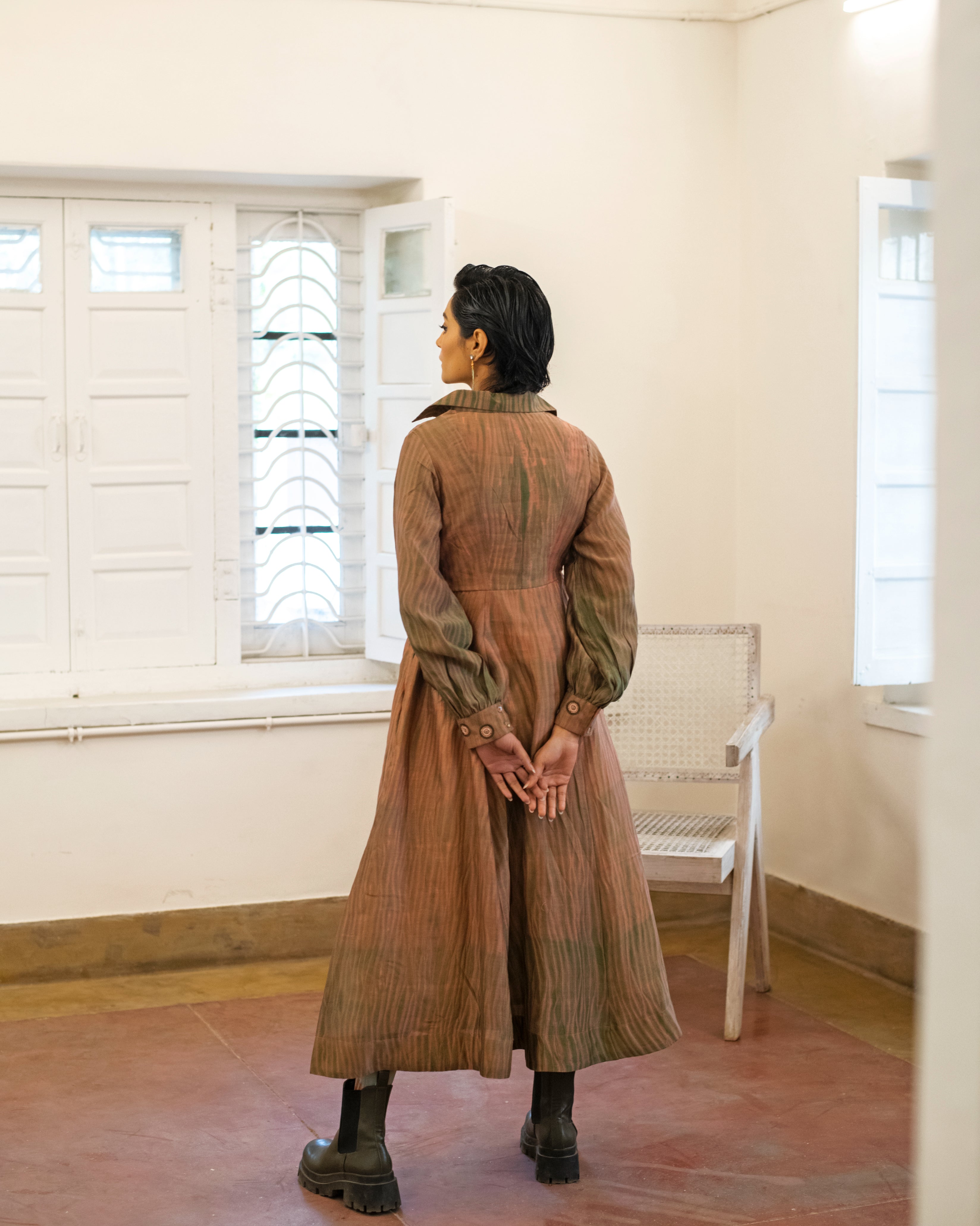 Peach & Pine by The Loom Art with Brown, Casual Wear, Fall, Handwoven Chanderi Silk, July Sale, July Sale 2023, Lucid Dreams by The Loom Art, Luicid Dream, Organic, Shirt Dresses, Solids, Womenswear at Kamakhyaa for sustainable fashion