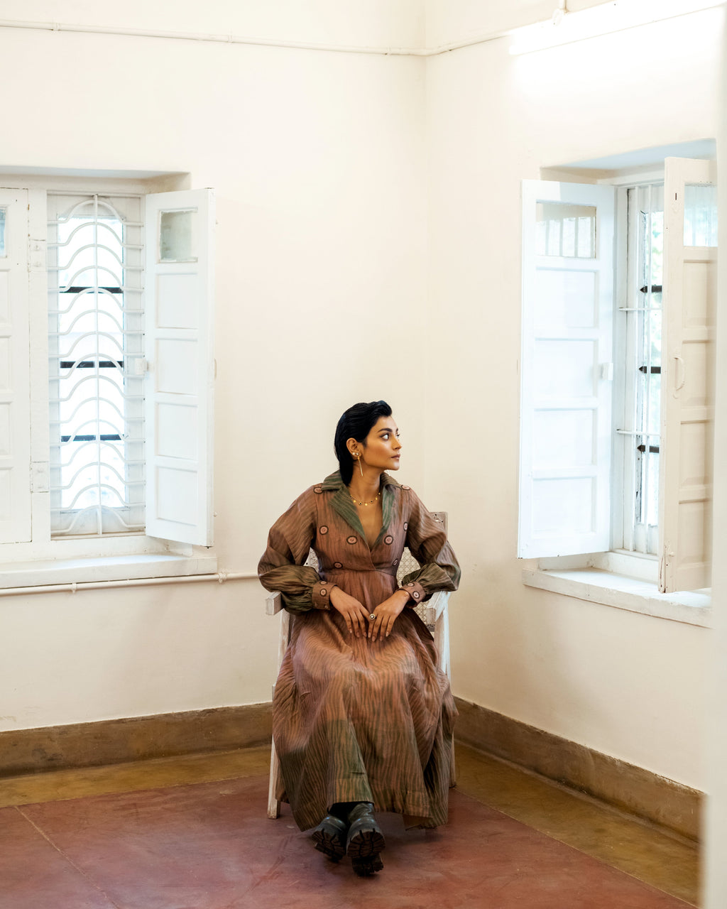 Peach & Pine by The Loom Art with Brown, Casual Wear, Fall, Handwoven Chanderi Silk, July Sale, July Sale 2023, Lucid Dreams by The Loom Art, Luicid Dream, Organic, Shirt Dresses, Solids, Womenswear at Kamakhyaa for sustainable fashion