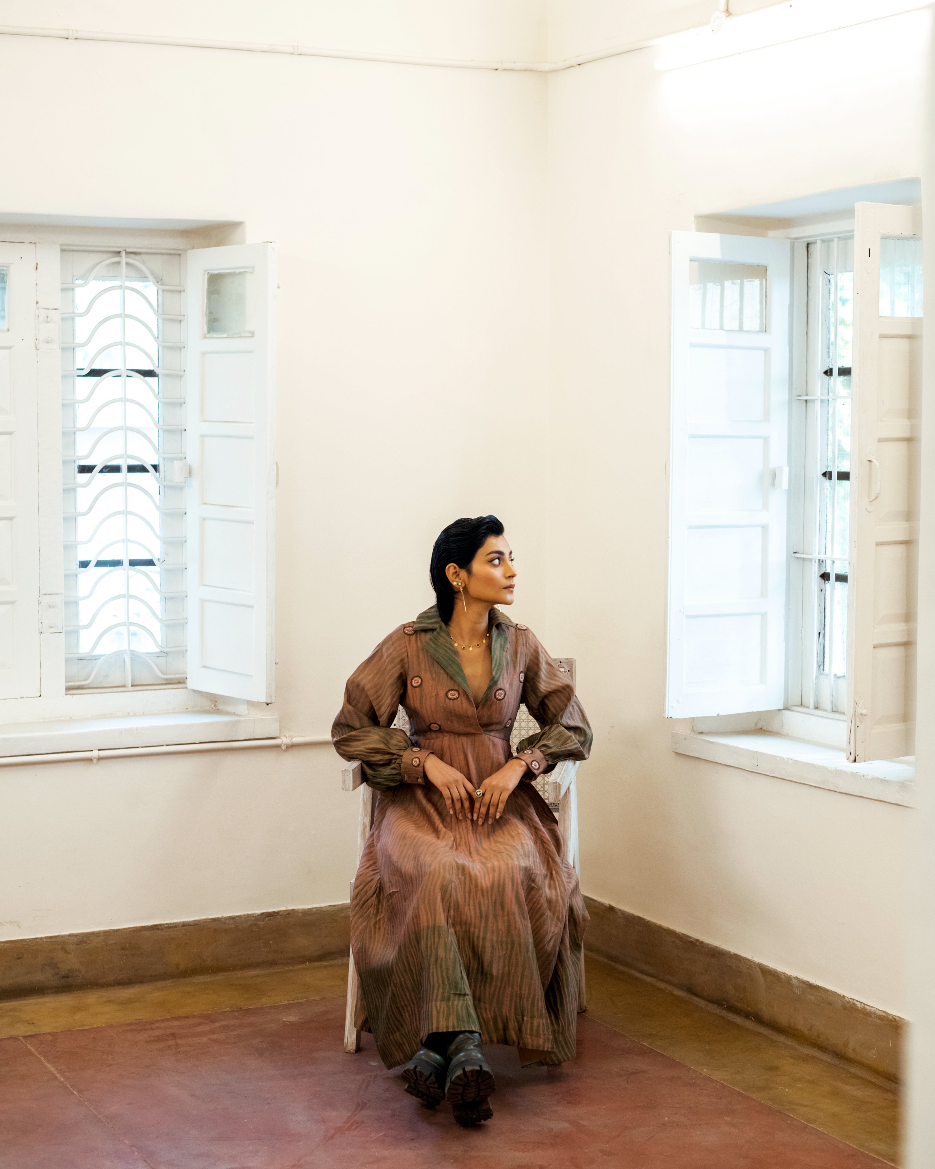 Peach & Pine by The Loom Art with Brown, Casual Wear, Fall, Handwoven Chanderi Silk, July Sale, July Sale 2023, Lucid Dreams by The Loom Art, Luicid Dream, Organic, Shirt Dresses, Solids, Womenswear at Kamakhyaa for sustainable fashion