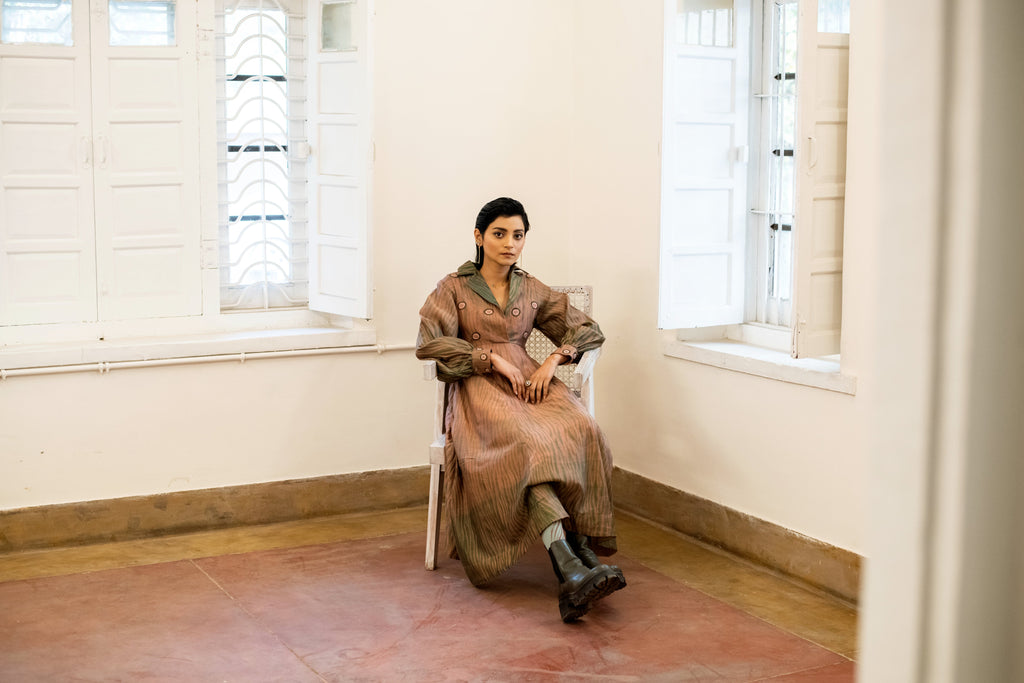 Peach & Pine by The Loom Art with Brown, Casual Wear, Fall, Handwoven Chanderi Silk, July Sale, July Sale 2023, Lucid Dreams by The Loom Art, Luicid Dream, Organic, Shirt Dresses, Solids, Womenswear at Kamakhyaa for sustainable fashion