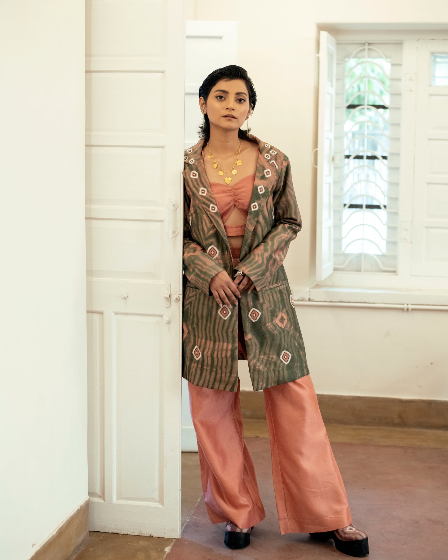 Salmon Moss Three Piece Set by The Loom Art with Casual Wear, Co-ord Sets, For Anniversary, Handwoven Chanderi Silk, July Sale, July Sale 2023, Lucid Dreams by The Loom Art, Luicid Dream, Office, Office Wear, Office Wear Co-ords, Organic, party, Party Wear Co-ords, Pink, Relaxed Fit, Solids, Womenswear at Kamakhyaa for sustainable fashion