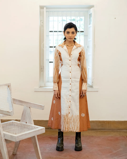 Sepia Paradise by The Loom Art with Casual Wear, Embroidered, Handwoven Chanderi Silk, July Sale, July Sale 2023, Lucid Dreams by The Loom Art, Luicid Dream, Organic, Shirt Dresses, Womenswear, Yellow at Kamakhyaa for sustainable fashion