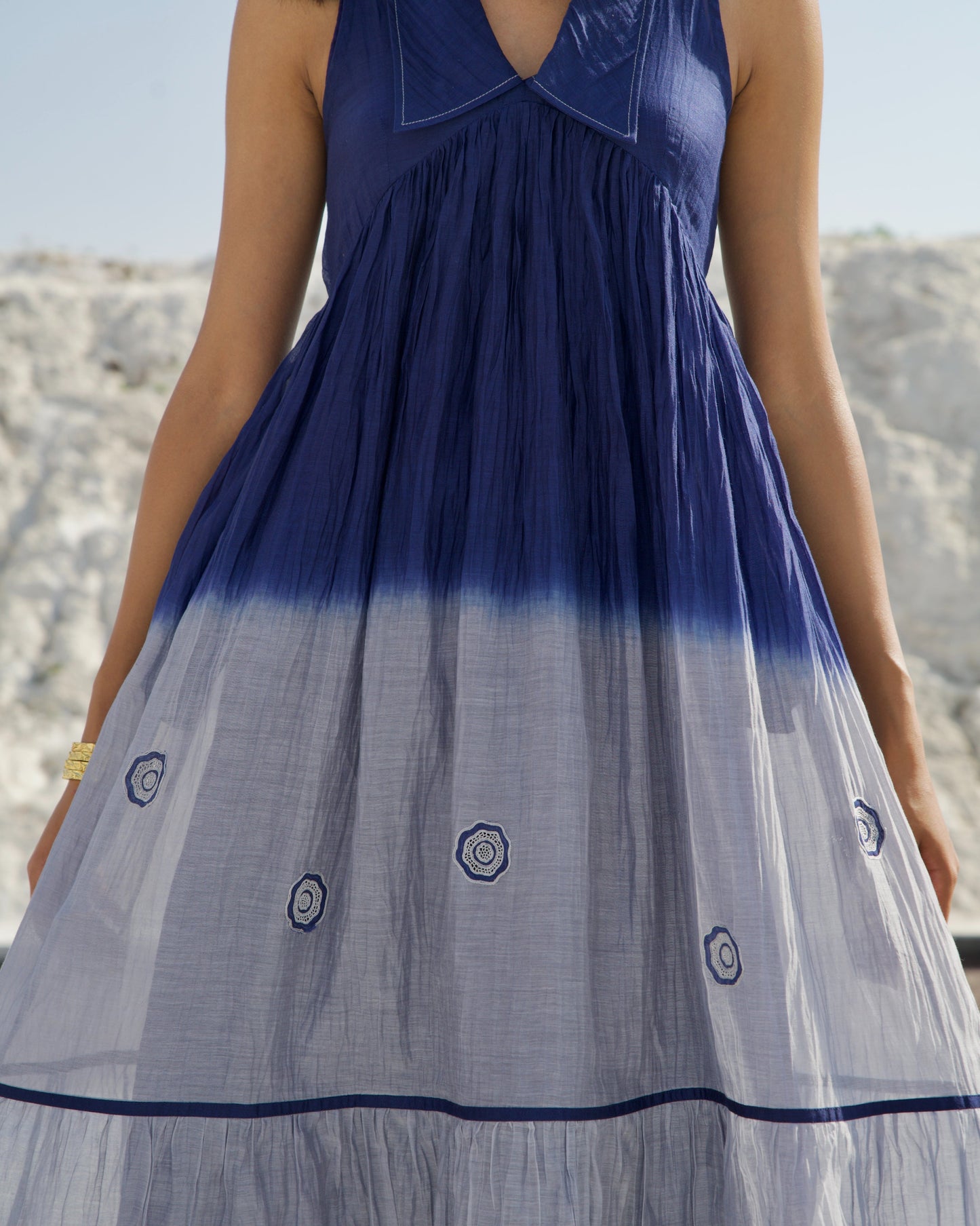 Blue Silk Midi Dress by The Loom Art with Aurora by The Loom Art, Best Selling, Blue, Casual Wear, Chanderi Silk, FB ADS JUNE, July Sale, July Sale 2023, Midi Dresses, Ombre & Dyes, Organic, Regular Fit, Sleeveless Dresses, Tiered Dresses, Womenswear at Kamakhyaa for sustainable fashion