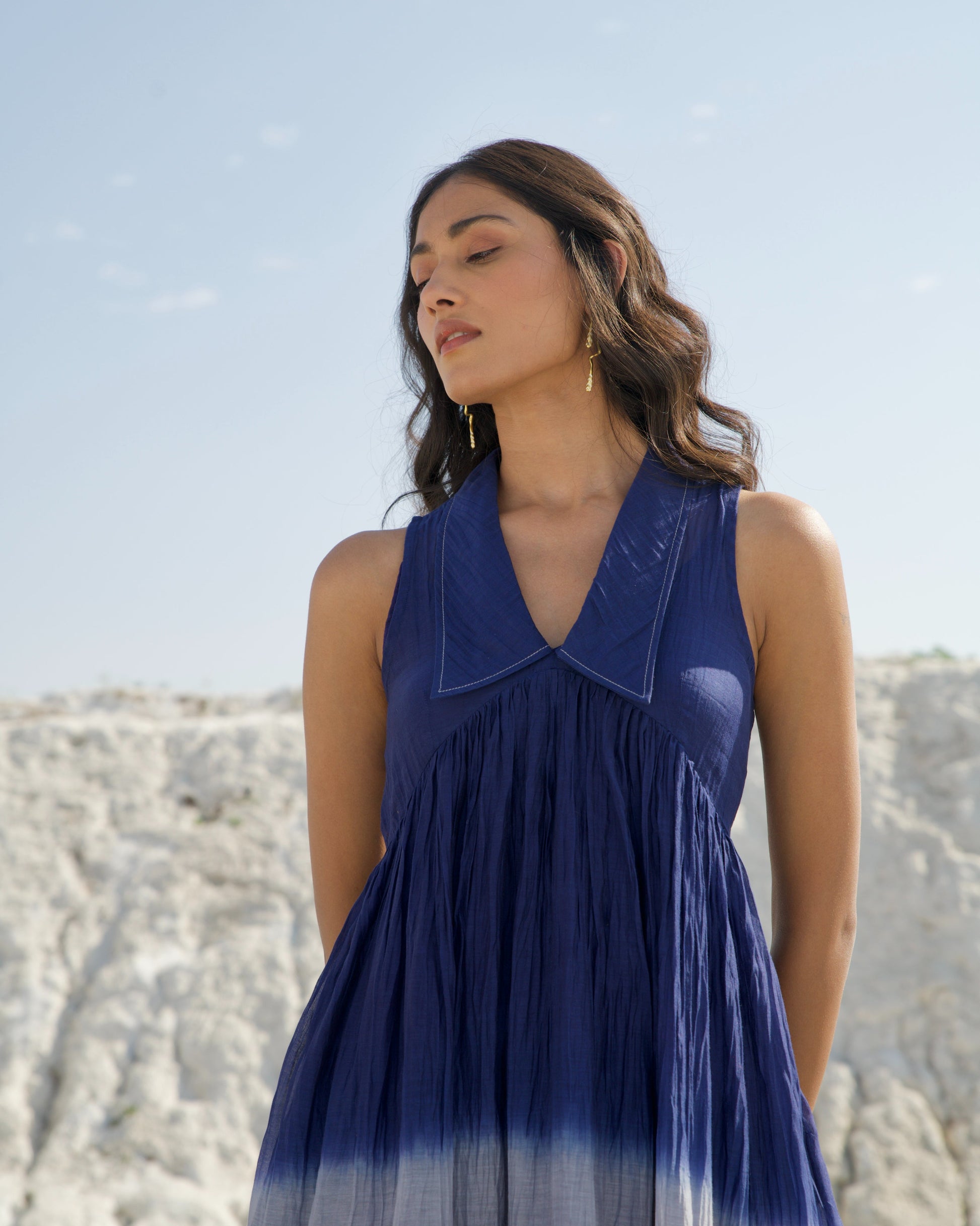 Blue Silk Midi Dress by The Loom Art with Aurora by The Loom Art, Best Selling, Blue, Casual Wear, Chanderi Silk, FB ADS JUNE, July Sale, July Sale 2023, Midi Dresses, Ombre & Dyes, Organic, Regular Fit, Sleeveless Dresses, Tiered Dresses, Womenswear at Kamakhyaa for sustainable fashion
