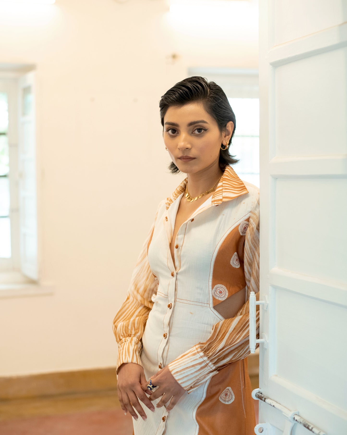 Sepia Paradise by The Loom Art with Casual Wear, Embroidered, Handwoven Chanderi Silk, July Sale, July Sale 2023, Lucid Dreams by The Loom Art, Luicid Dream, Organic, Shirt Dresses, Womenswear, Yellow at Kamakhyaa for sustainable fashion