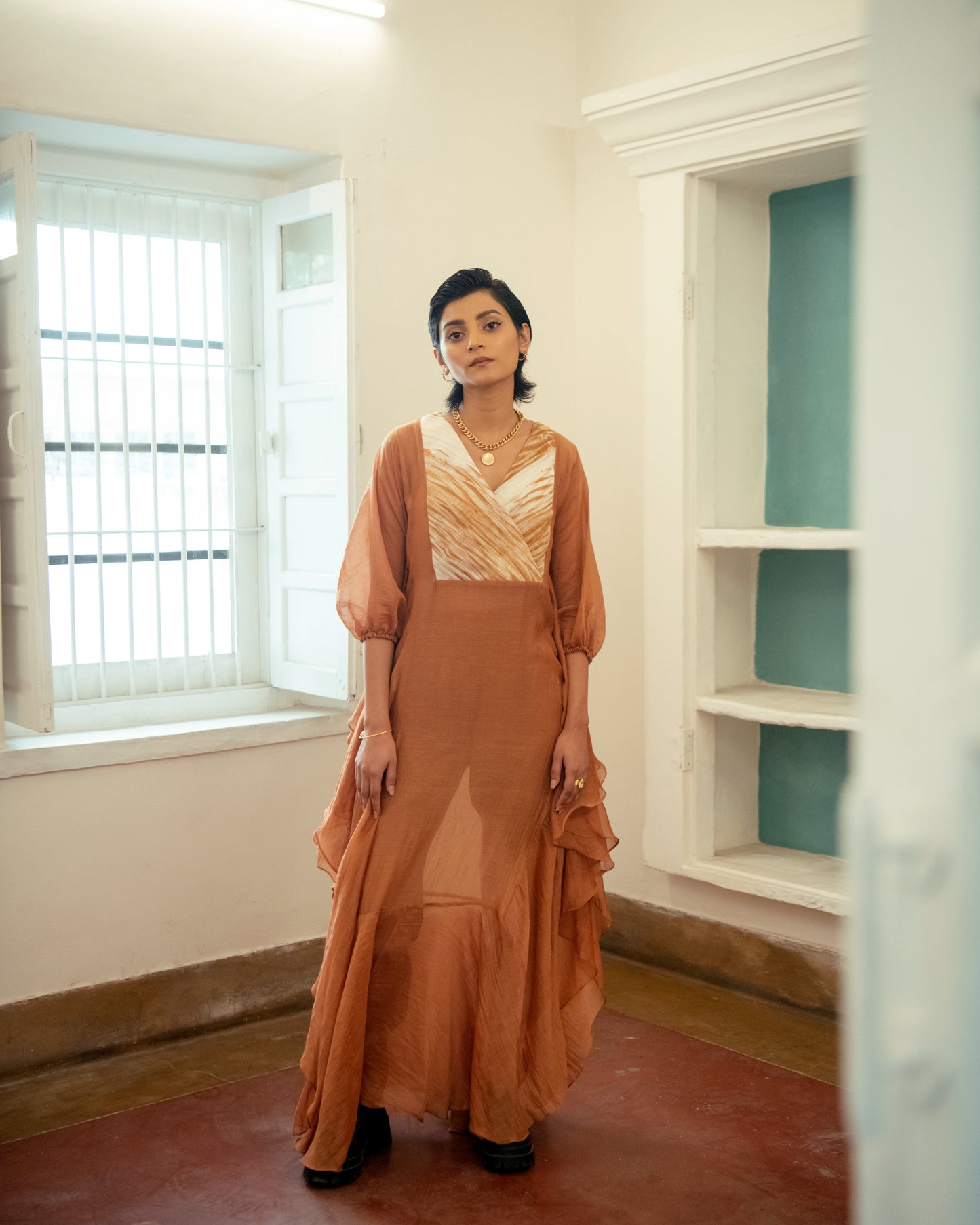 Burnt Sepia by The Loom Art with Casual Wear, Chanderi Organza Silk, July Sale, July Sale 2023, Kaftan Dresses, Kaftans, Lucid Dreams by The Loom Art, Luicid Dream, Maxi Dresses, Organic, Relaxed Fit, Womenswear at Kamakhyaa for sustainable fashion