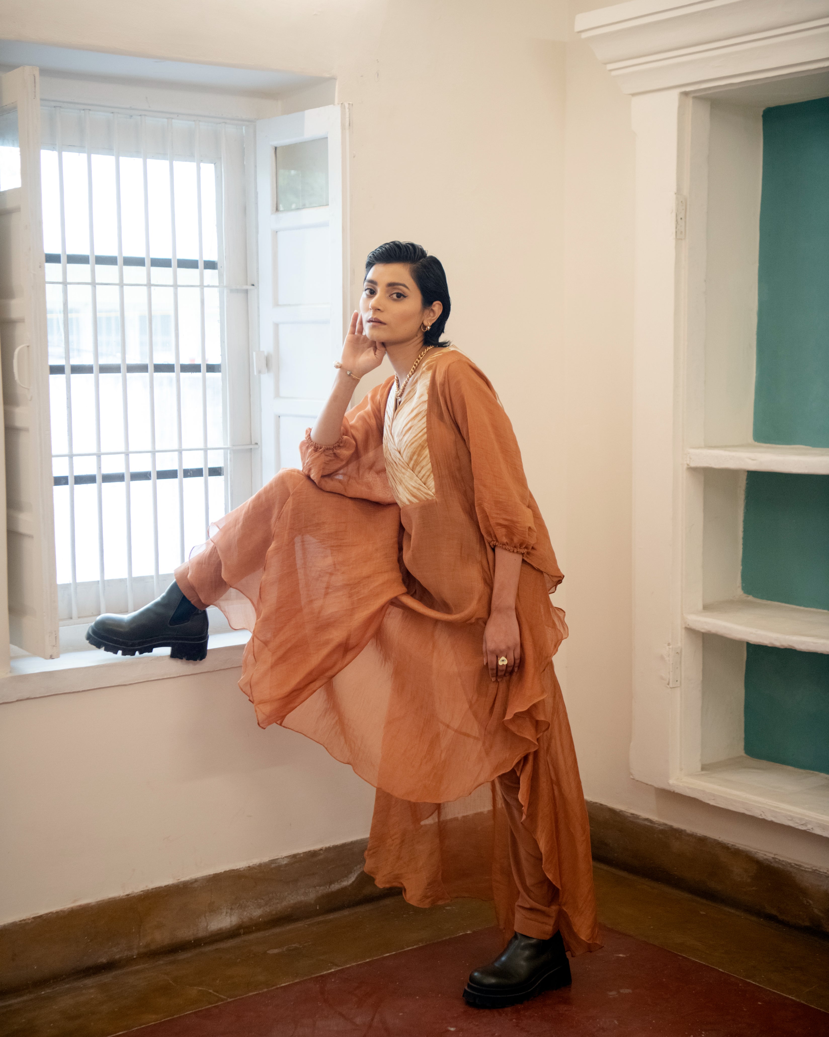 Burnt Sepia by The Loom Art with Casual Wear, Chanderi Organza Silk, July Sale, July Sale 2023, Kaftan Dresses, Kaftans, Lucid Dreams by The Loom Art, Luicid Dream, Maxi Dresses, Organic, Relaxed Fit, Womenswear at Kamakhyaa for sustainable fashion