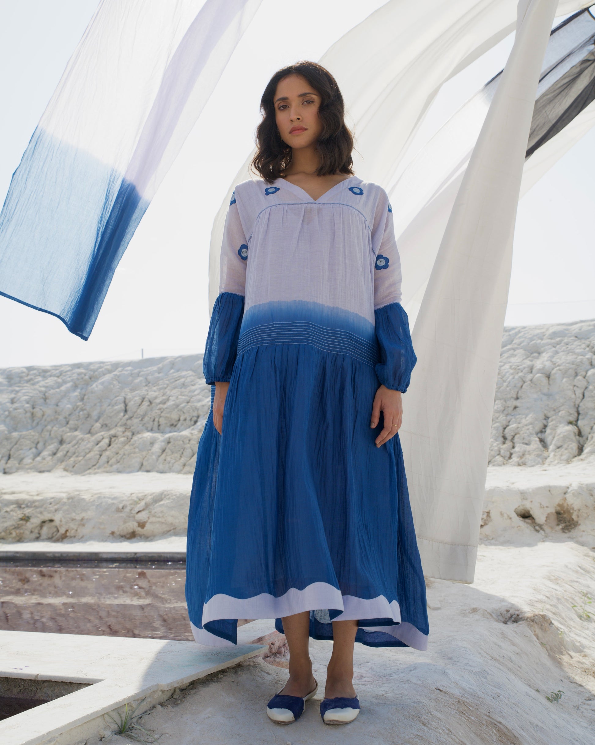Blue Midi Dress by The Loom Art with Aurora by The Loom Art, Best Selling, Blue, Casual Wear, Chanderi Silk, FB ADS JUNE, July Sale, July Sale 2023, Loose Fit, Midi Dresses, Ombre & Dyes, Organic, Tiered Dresses, Womenswear at Kamakhyaa for sustainable fashion