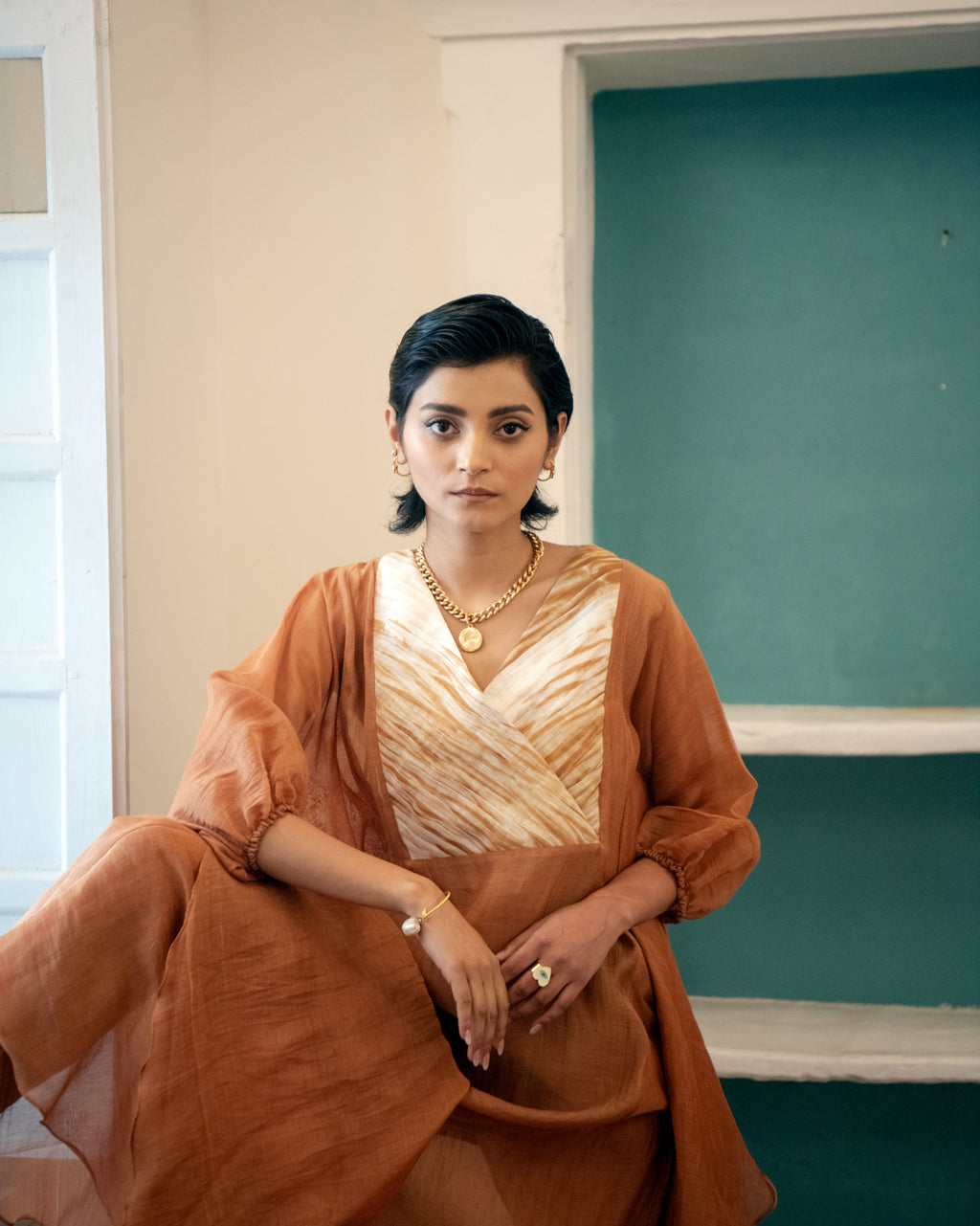 Burnt Sepia by The Loom Art with Casual Wear, Chanderi Organza Silk, July Sale, July Sale 2023, Kaftan Dresses, Kaftans, Lucid Dreams by The Loom Art, Luicid Dream, Maxi Dresses, Organic, Relaxed Fit, Womenswear at Kamakhyaa for sustainable fashion