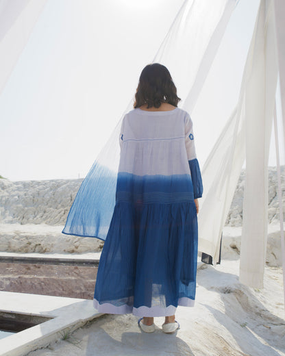 Blue Midi Dress by The Loom Art with Aurora by The Loom Art, Best Selling, Blue, Casual Wear, Chanderi Silk, FB ADS JUNE, July Sale, July Sale 2023, Loose Fit, Midi Dresses, Ombre & Dyes, Organic, Tiered Dresses, Womenswear at Kamakhyaa for sustainable fashion