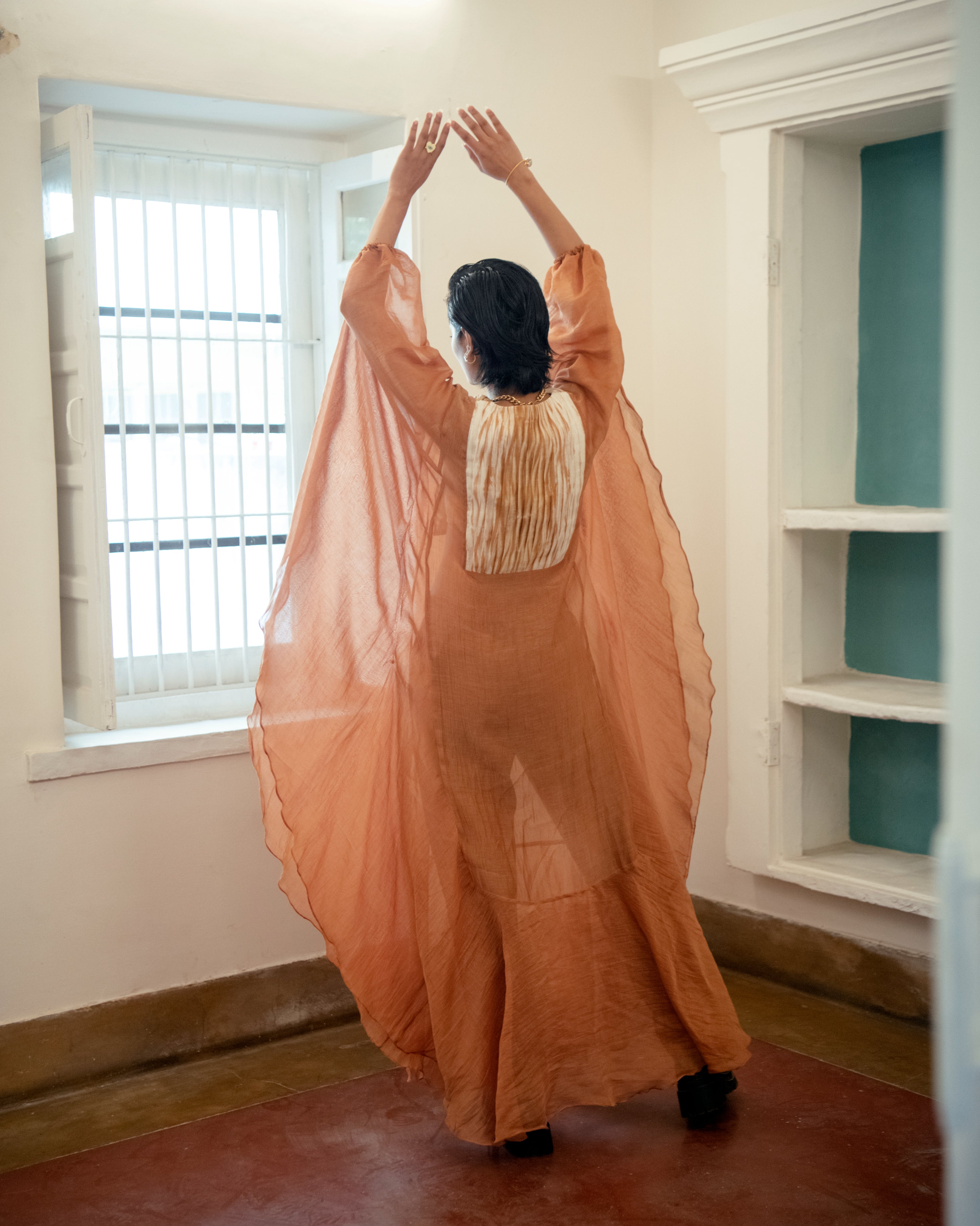 Burnt Sepia by The Loom Art with Casual Wear, Chanderi Organza Silk, July Sale, July Sale 2023, Kaftan Dresses, Kaftans, Lucid Dreams by The Loom Art, Luicid Dream, Maxi Dresses, Organic, Relaxed Fit, Womenswear at Kamakhyaa for sustainable fashion