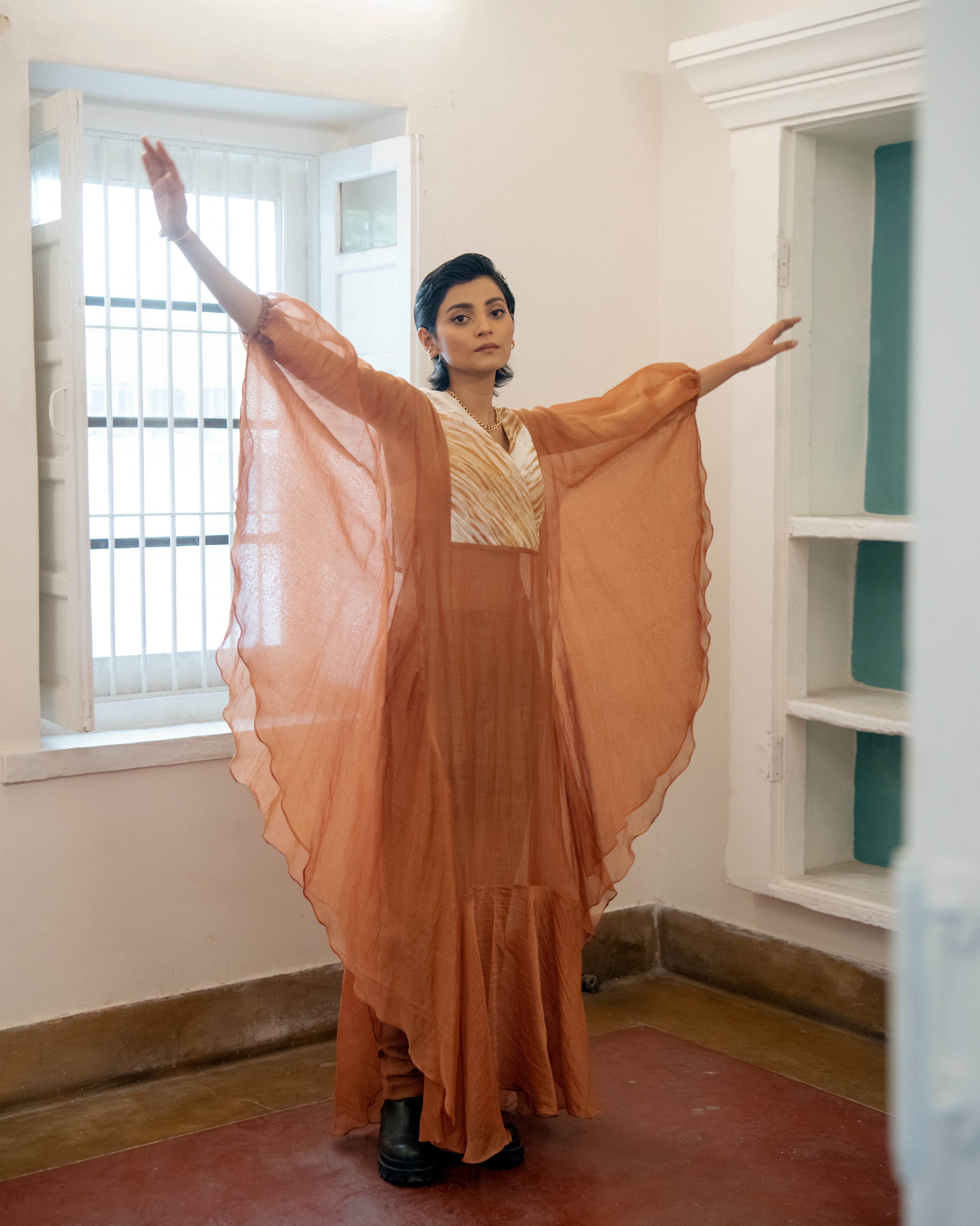Burnt Sepia by The Loom Art with Casual Wear, Chanderi Organza Silk, July Sale, July Sale 2023, Kaftan Dresses, Kaftans, Lucid Dreams by The Loom Art, Luicid Dream, Maxi Dresses, Organic, Relaxed Fit, Womenswear at Kamakhyaa for sustainable fashion