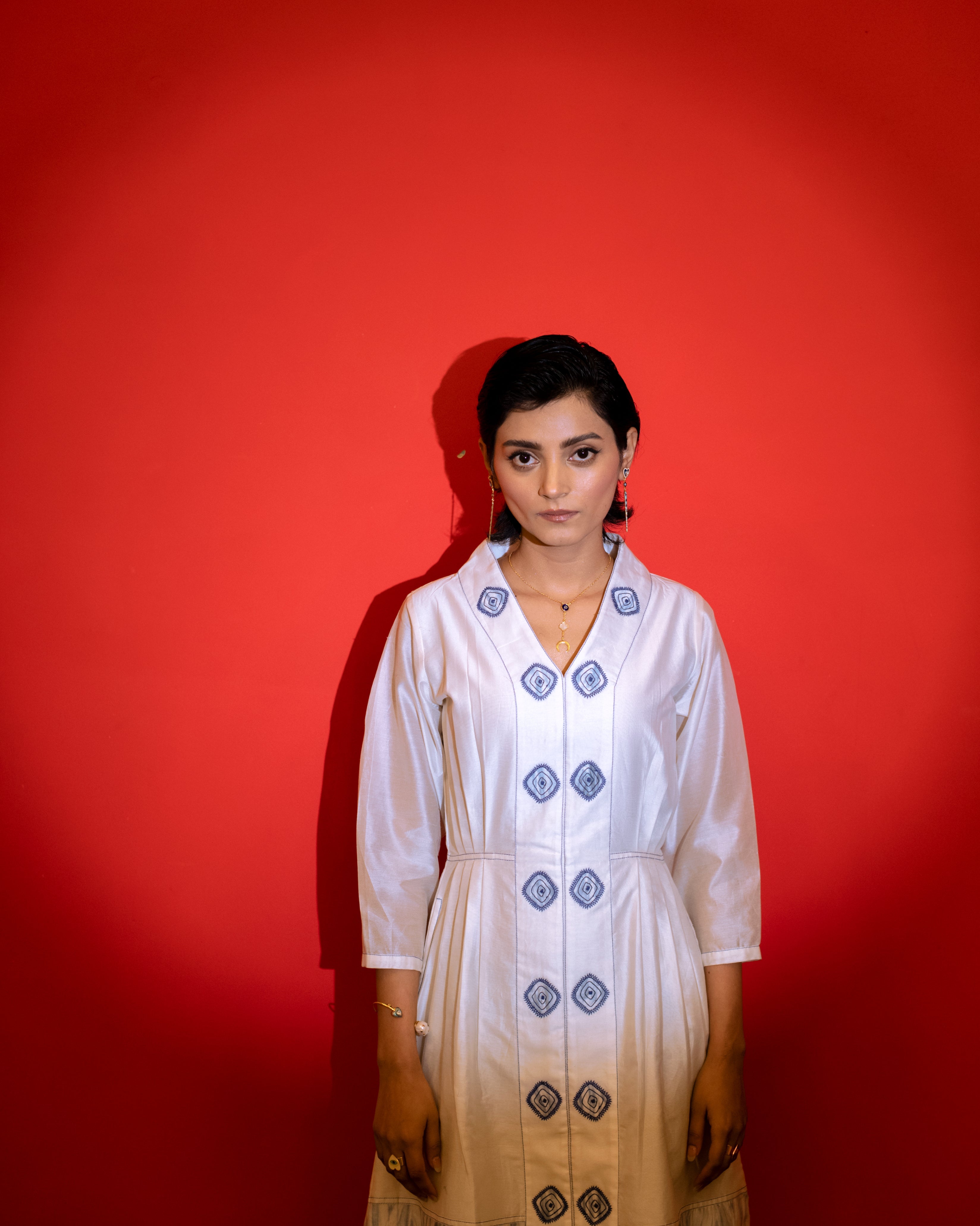 Cloudy Day by The Loom Art with Blue, Casual Wear, Embroidered, Fitted At Waist, Handwoven Chanderi Silk, July Sale, July Sale 2023, Lucid Dreams by The Loom Art, Luicid Dream, Midi Dresses, Office, Office Wear, Organic, White, Womenswear at Kamakhyaa for sustainable fashion