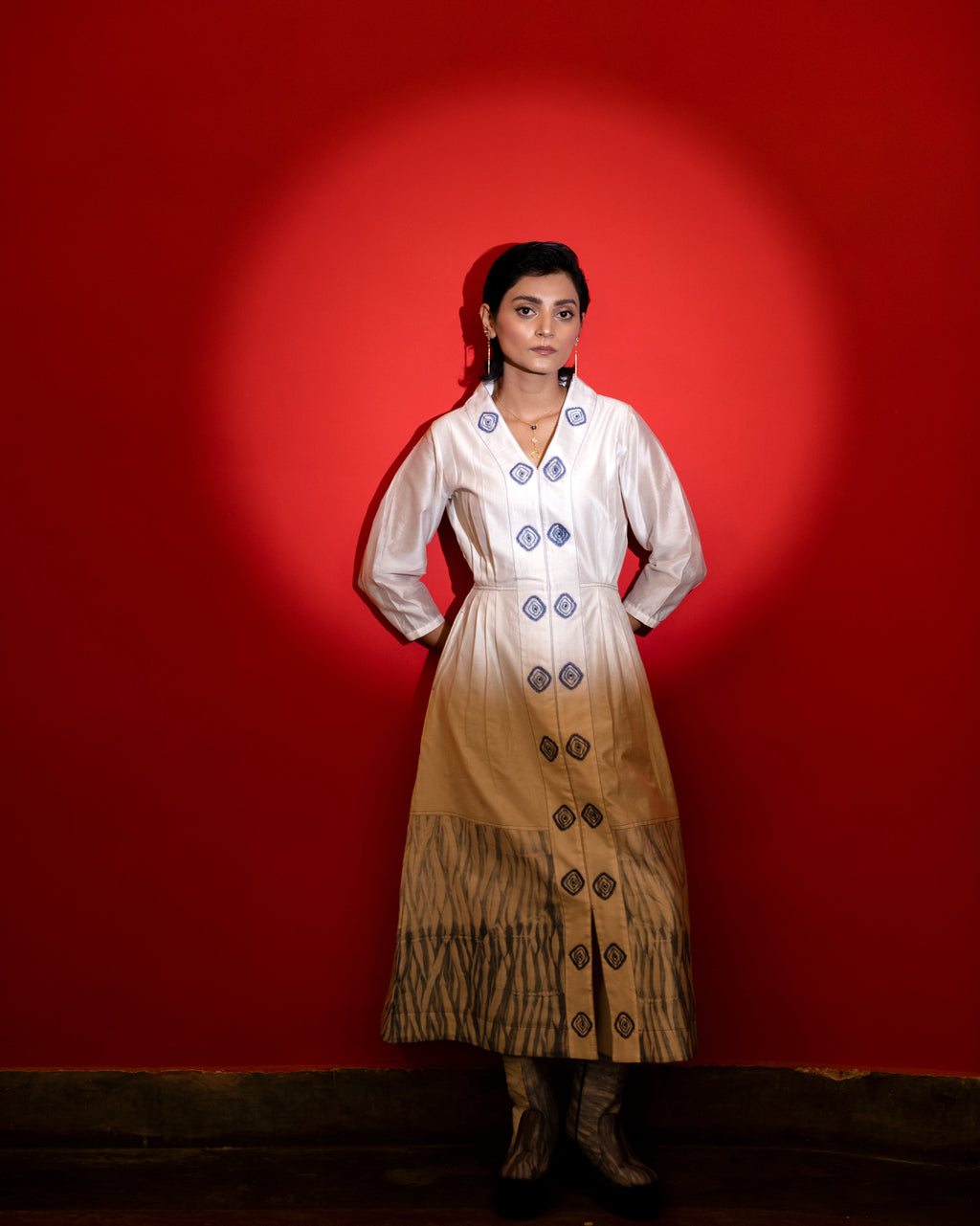 Cloudy Day by The Loom Art with Blue, Casual Wear, Embroidered, Fitted At Waist, Handwoven Chanderi Silk, July Sale, July Sale 2023, Lucid Dreams by The Loom Art, Luicid Dream, Midi Dresses, Office, Office Wear, Organic, White, Womenswear at Kamakhyaa for sustainable fashion