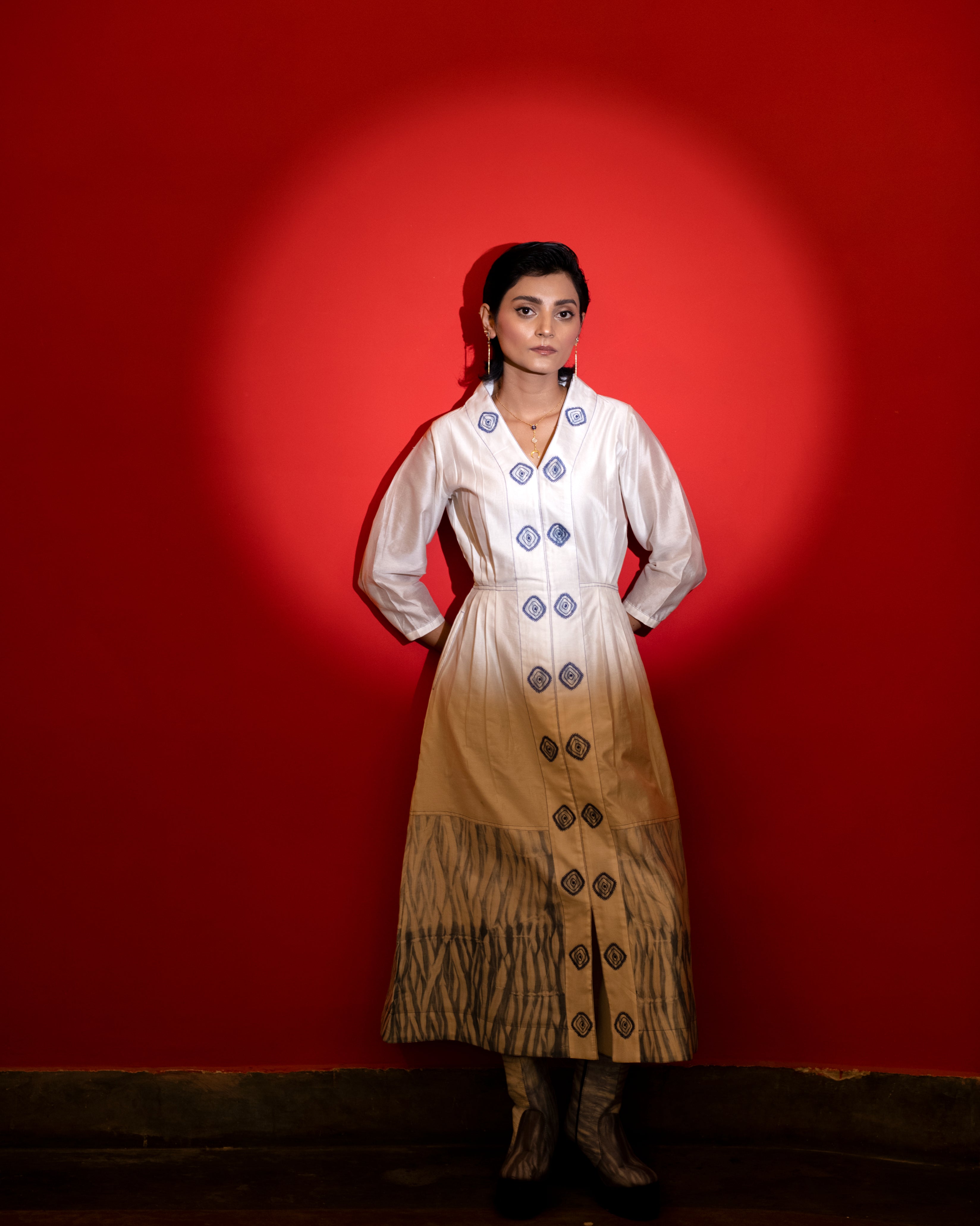 Cloudy Day by The Loom Art with Blue, Casual Wear, Embroidered, Fitted At Waist, Handwoven Chanderi Silk, July Sale, July Sale 2023, Lucid Dreams by The Loom Art, Luicid Dream, Midi Dresses, Office, Office Wear, Organic, White, Womenswear at Kamakhyaa for sustainable fashion