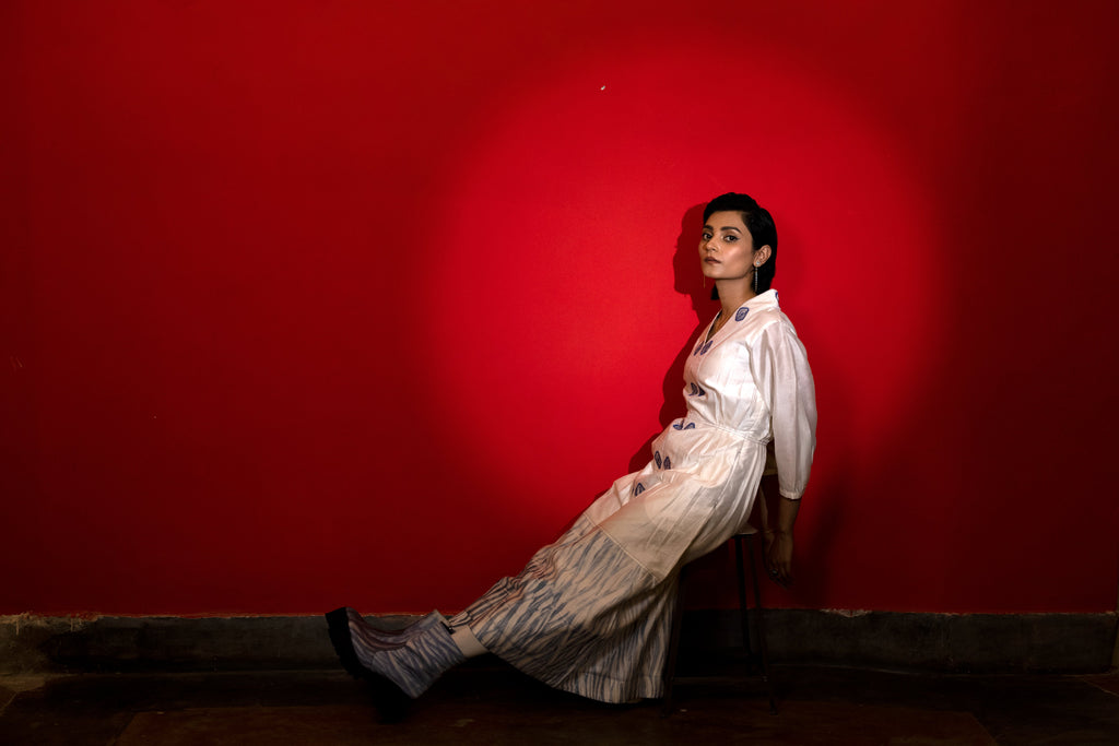 Cloudy Day by The Loom Art with Blue, Casual Wear, Embroidered, Fitted At Waist, Handwoven Chanderi Silk, July Sale, July Sale 2023, Lucid Dreams by The Loom Art, Luicid Dream, Midi Dresses, Office, Office Wear, Organic, White, Womenswear at Kamakhyaa for sustainable fashion