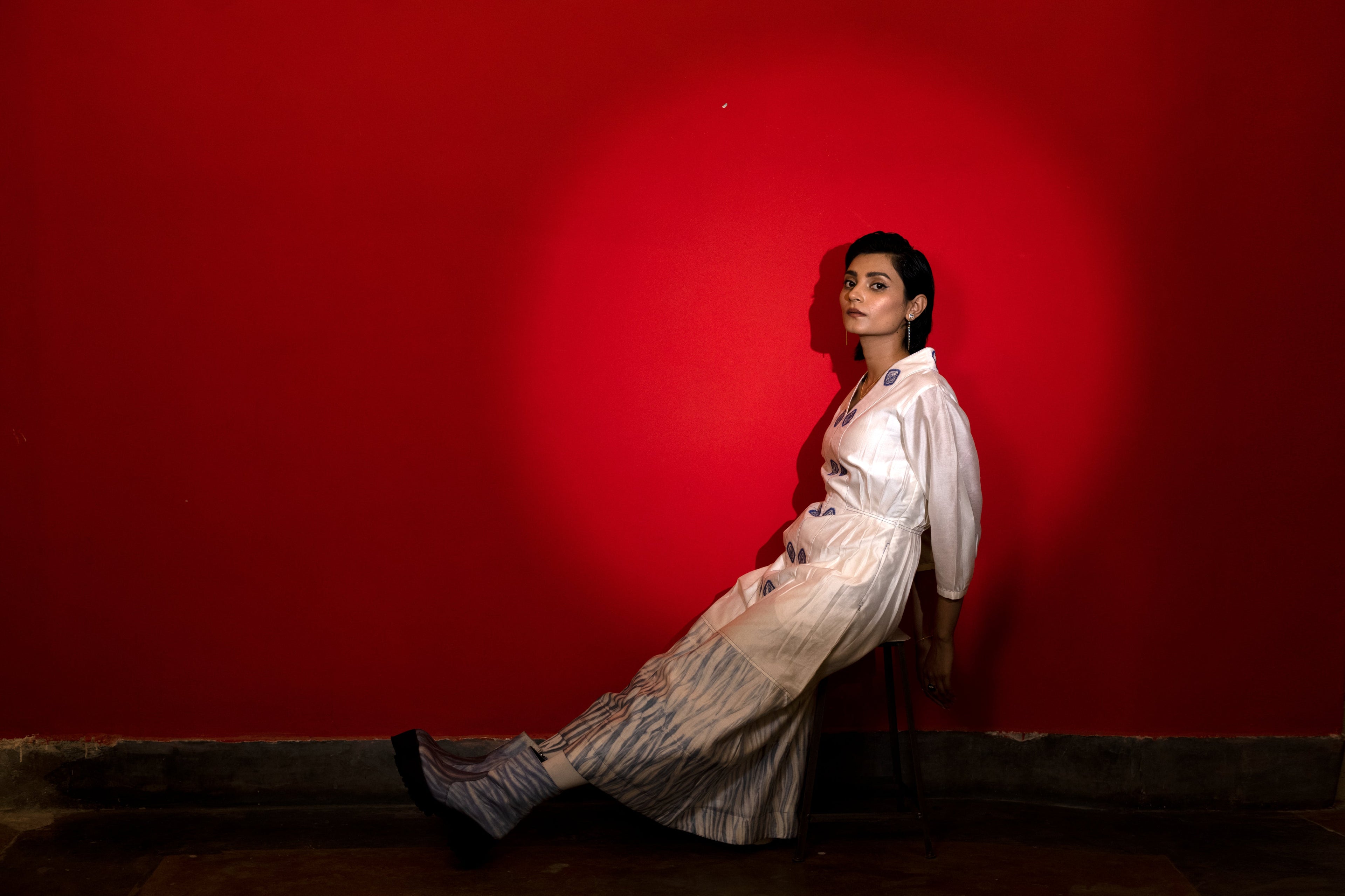 Cloudy Day by The Loom Art with Blue, Casual Wear, Embroidered, Fitted At Waist, Handwoven Chanderi Silk, July Sale, July Sale 2023, Lucid Dreams by The Loom Art, Luicid Dream, Midi Dresses, Office, Office Wear, Organic, White, Womenswear at Kamakhyaa for sustainable fashion