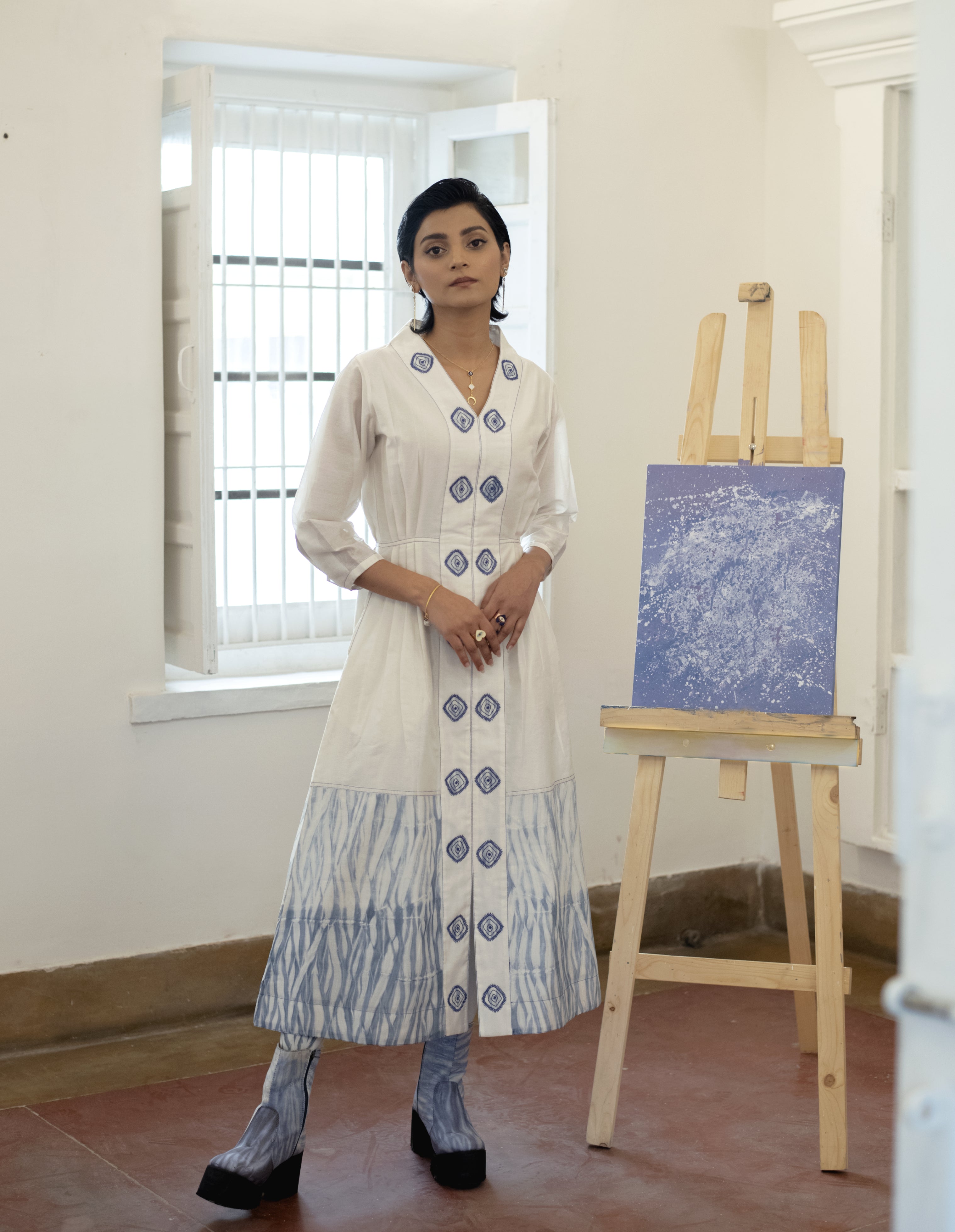 Cloudy Day by The Loom Art with Blue, Casual Wear, Embroidered, Fitted At Waist, Handwoven Chanderi Silk, July Sale, July Sale 2023, Lucid Dreams by The Loom Art, Luicid Dream, Midi Dresses, Office, Office Wear, Organic, White, Womenswear at Kamakhyaa for sustainable fashion