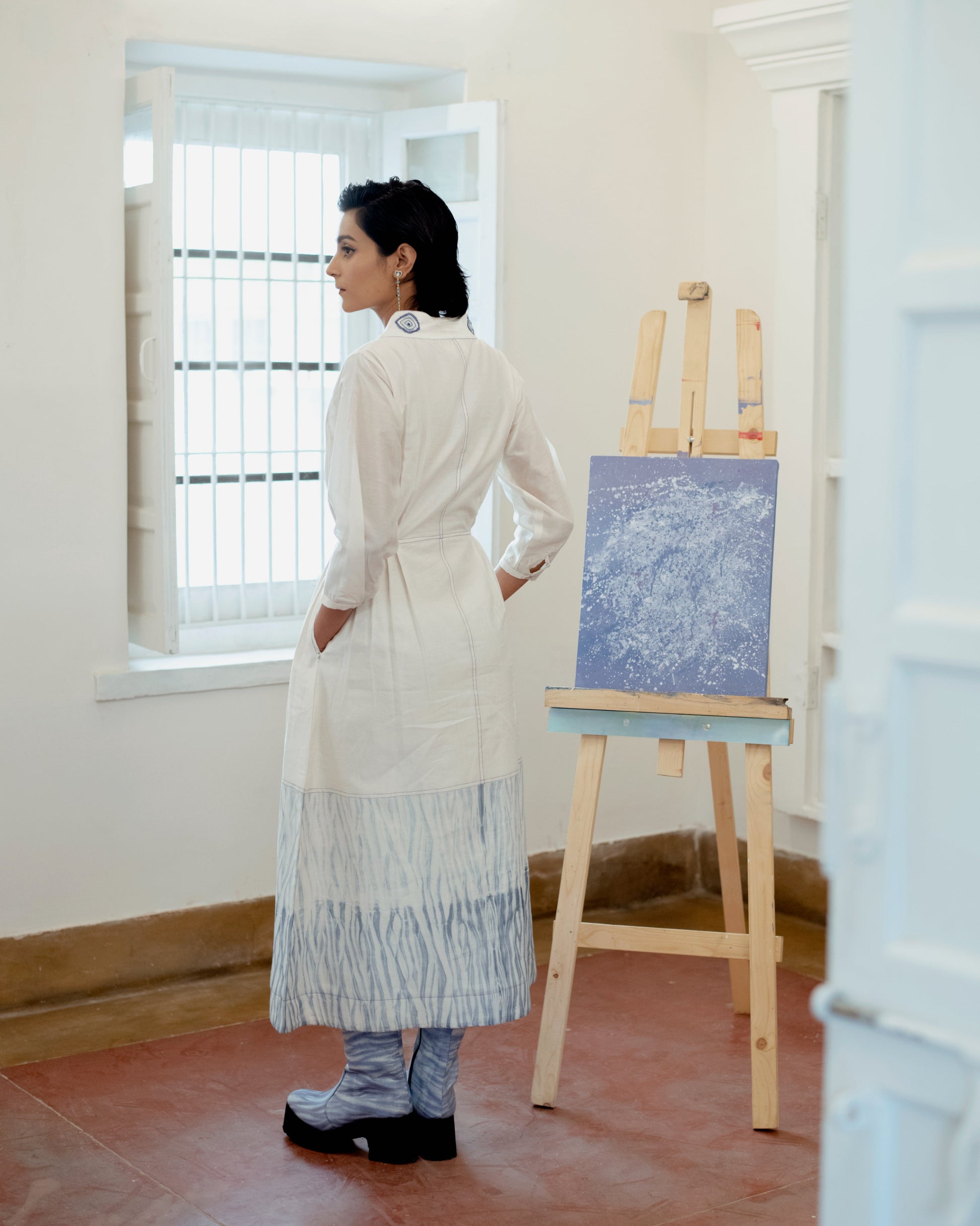 Cloudy Day by The Loom Art with Blue, Casual Wear, Embroidered, Fitted At Waist, Handwoven Chanderi Silk, July Sale, July Sale 2023, Lucid Dreams by The Loom Art, Luicid Dream, Midi Dresses, Office, Office Wear, Organic, White, Womenswear at Kamakhyaa for sustainable fashion