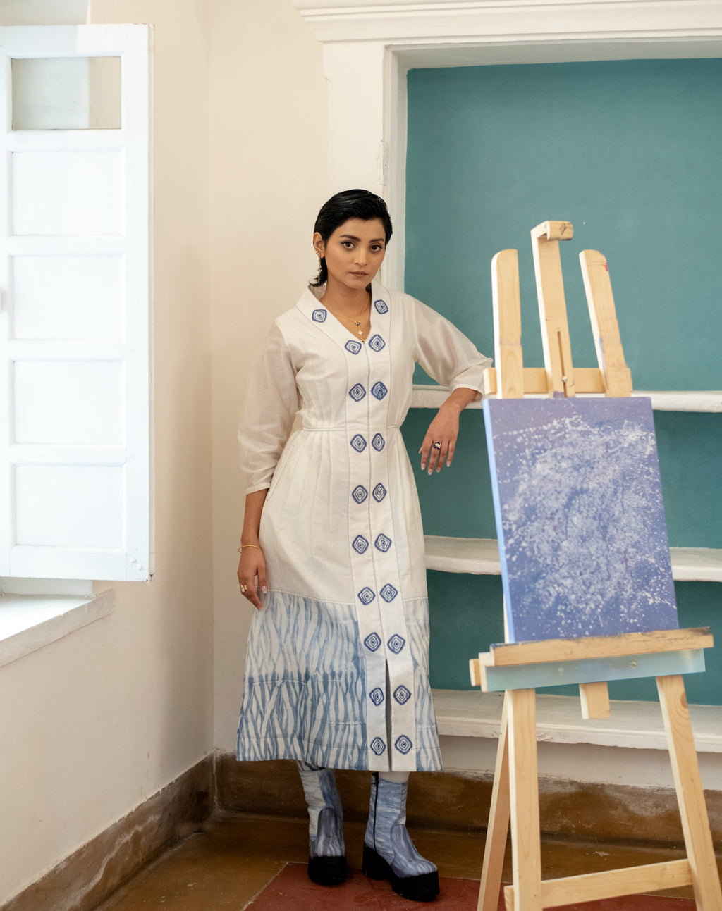 Cloudy Day by The Loom Art with Blue, Casual Wear, Embroidered, Fitted At Waist, Handwoven Chanderi Silk, July Sale, July Sale 2023, Lucid Dreams by The Loom Art, Luicid Dream, Midi Dresses, Office, Office Wear, Organic, White, Womenswear at Kamakhyaa for sustainable fashion