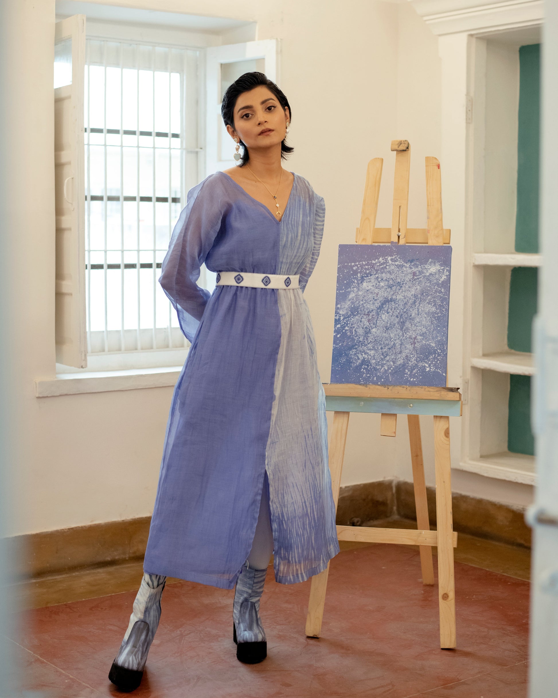 Blue Lagoon by The Loom Art with Blue, Casual Wear, Chanderi Organza Silk, July Sale, July Sale 2023, Lucid Dreams by The Loom Art, Luicid Dream, Midi Dresses, Organic, Solids, Womenswear at Kamakhyaa for sustainable fashion