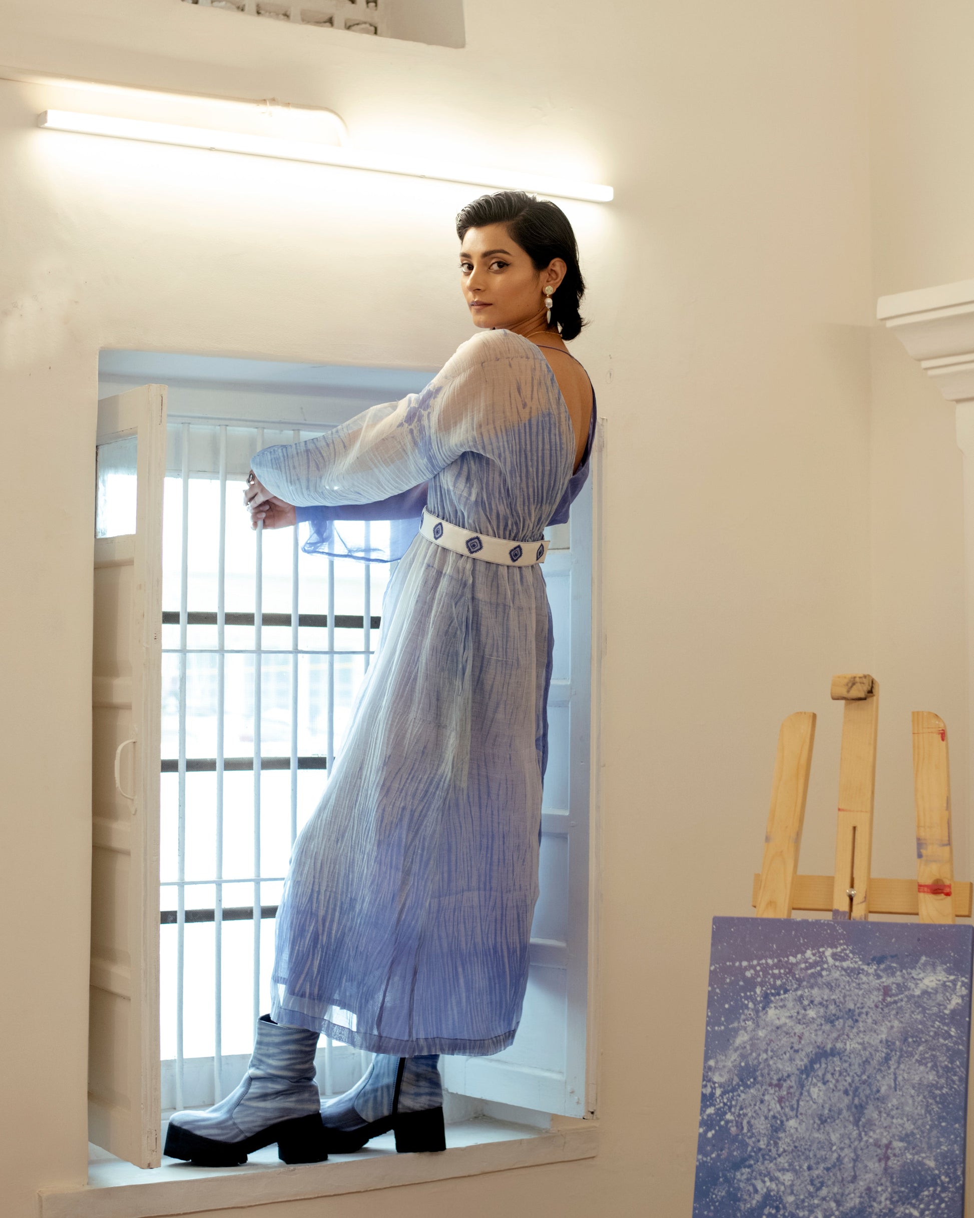 Blue Lagoon by The Loom Art with Blue, Casual Wear, Chanderi Organza Silk, July Sale, July Sale 2023, Lucid Dreams by The Loom Art, Luicid Dream, Midi Dresses, Organic, Solids, Womenswear at Kamakhyaa for sustainable fashion
