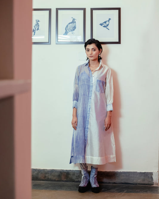 Icy Bliss by The Loom Art with Blue, Casual Wear, Handwoven Chanderi Silk, July Sale, July Sale 2023, Lucid Dreams by The Loom Art, Luicid Dream, Organic, Relaxed Fit, Shirt Dresses, Solids, Womenswear at Kamakhyaa for sustainable fashion